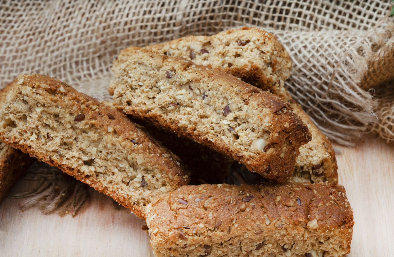 South African wholegrain or bran rusks with seeds on rustic table