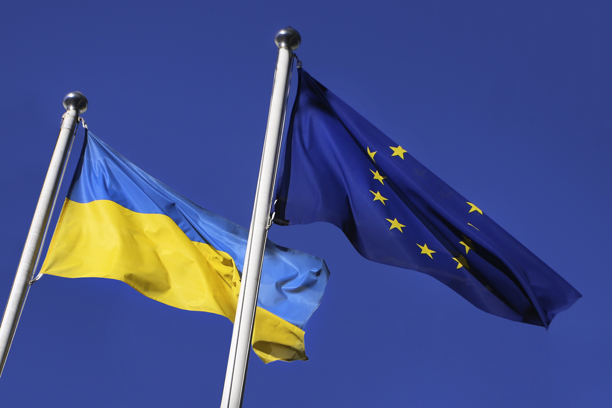 Flags of Ukraine and European Union EU.