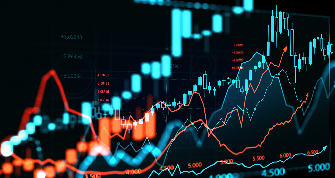 Forex stock market hologram, candlesticks dynamics and statistics, bar chart with numbers. Concept of online trading, trend and finance. 3D rendering illustration