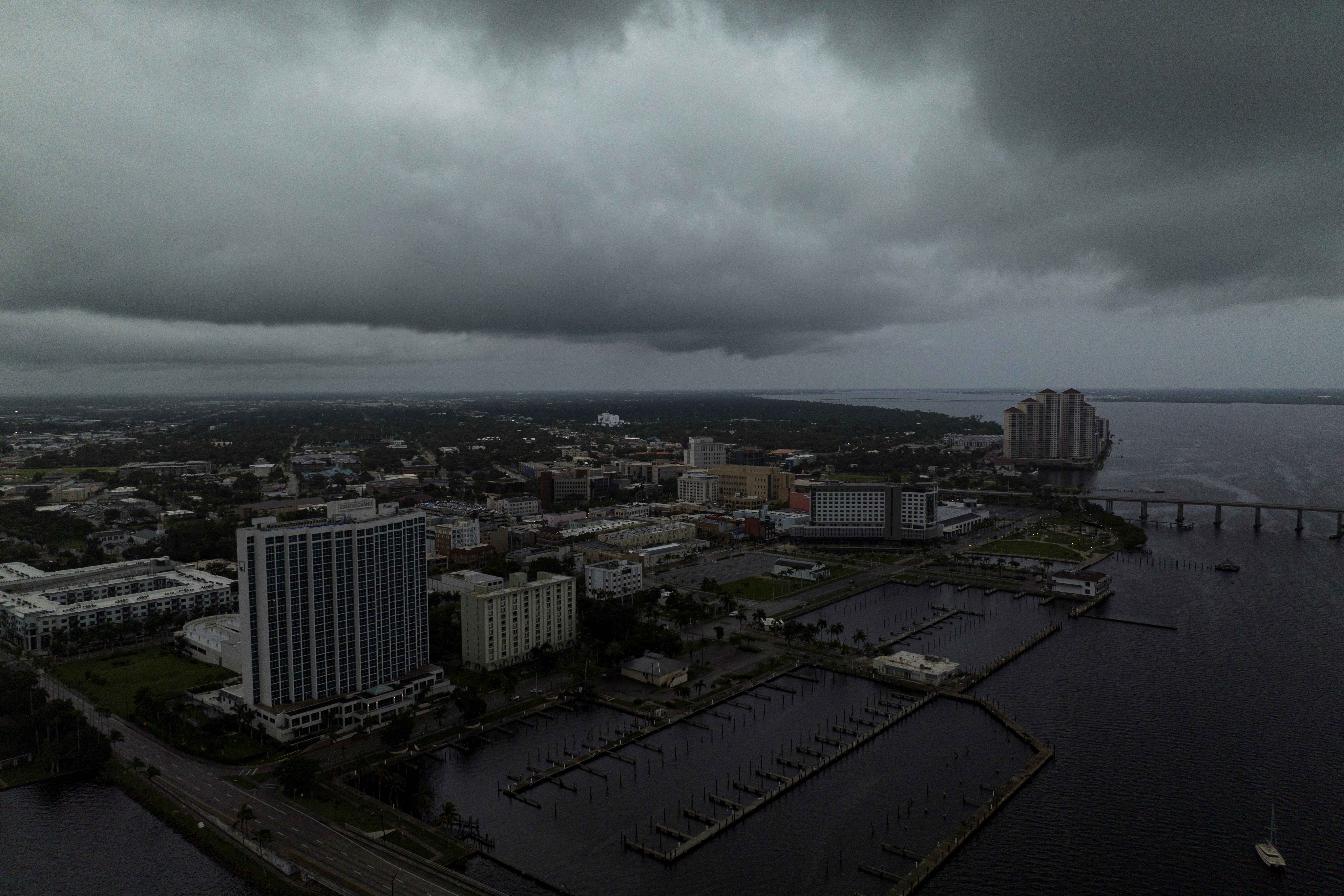 A drone view shows storm clouds over the Caloosahatchee River as Hurricane Milton approaches Fort Myers, Florida, U.S. October 8, 2024. REUTERS