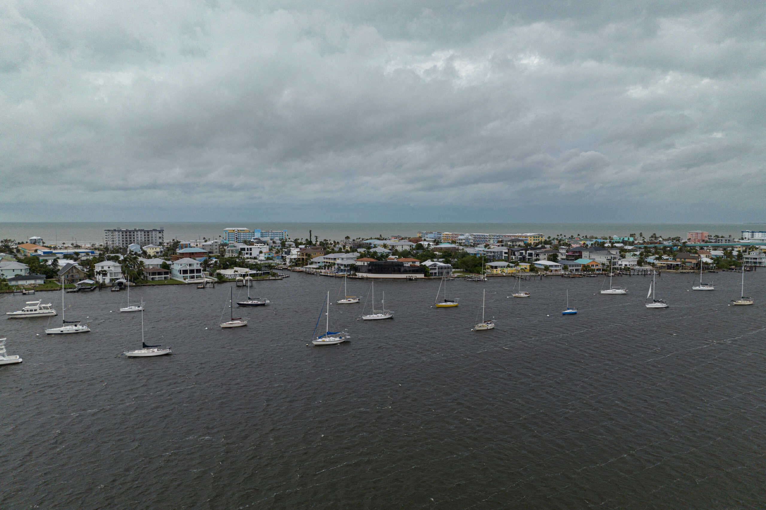 A drone view shows moored sailboats as Hurricane Milton approaches Fort Myers Beach, Florida, U.S. October 9, 2024. REUTERS