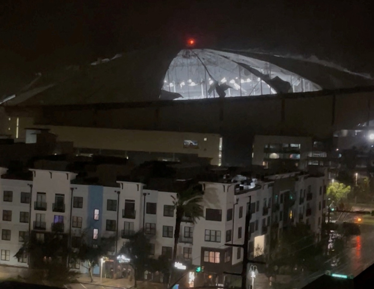 Strong winds caused by Hurricane Milton tear the roof off Tropicana Field in St. Petersburg, Florida, U.S., October 9, 2024 in this screengrab taken from a social media video. X