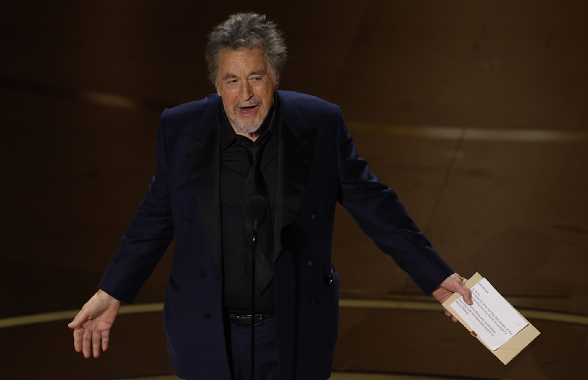 epa11213407 Presenter for Best Picture Al Pacino on stage during the 96th annual Academy Awards ceremony at the Dolby Theatre in the Hollywood neighborhood of Los Angeles, California, USA, 10 March 2024. The Oscars are presented for outstanding individual or collective efforts in filmmaking in 23 categories.  EPA