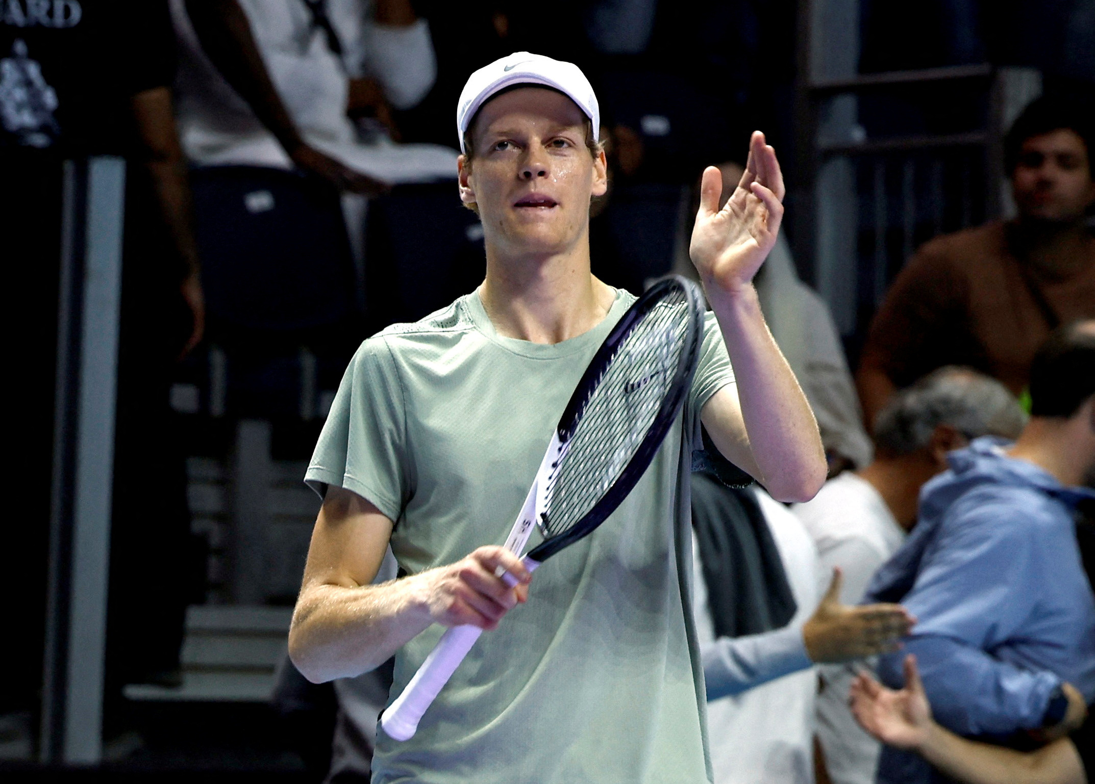 Tennis - 6 Kings Slam - Riyadh, Saudi Arabia - October 17, 2024 Italy's Jannik Sinner celebrates winning his semi final match against Serbia's Novak Djokovic REUTERS