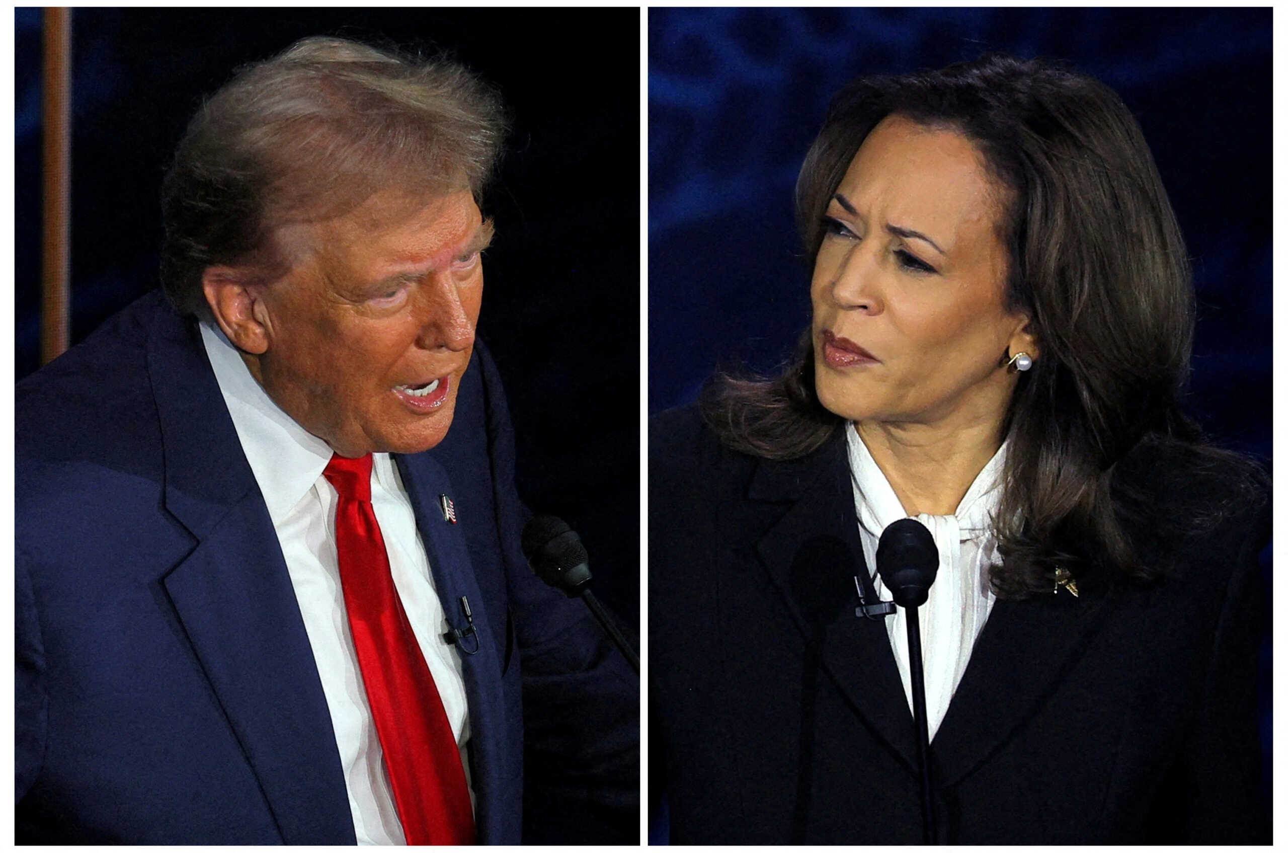 FILE PHOTO: Republican presidential nominee, former U.S. President Donald Trump and Democratic presidential nominee, U.S. Vice President Kamala Harris take part in a presidential debate hosted by ABC in Philadelphia, Pennsylvania, U.S., September 10, 2024 in a combination of file photographs. REUTERS