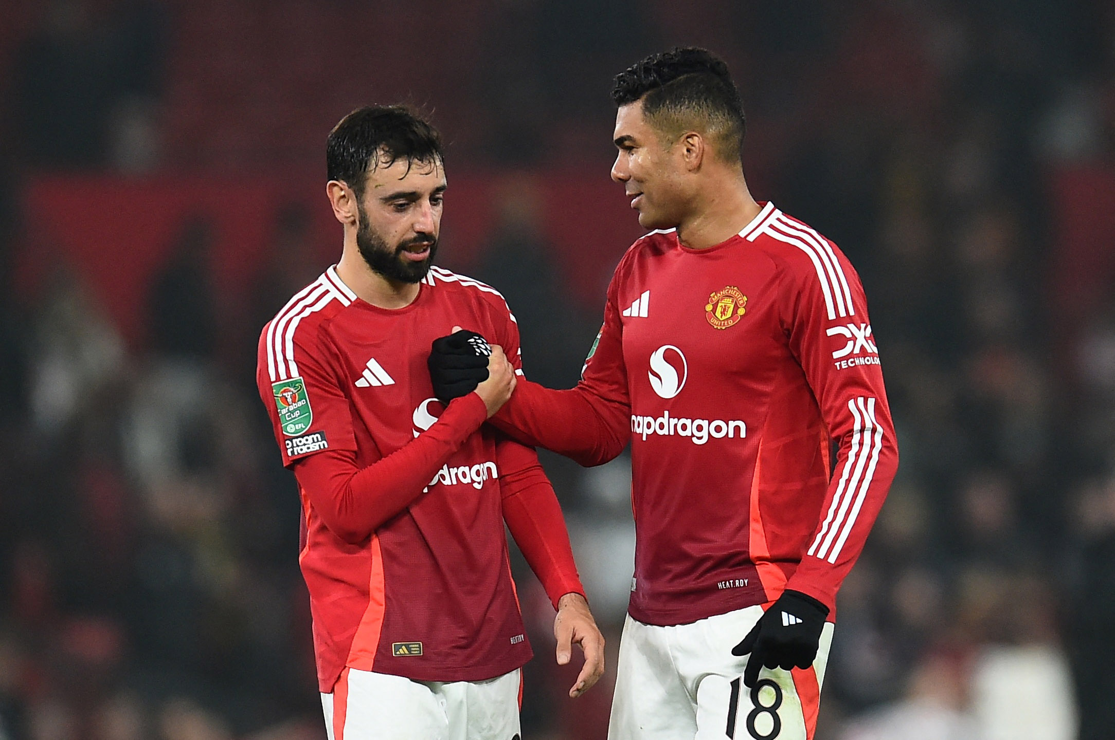 Soccer Football - Carabao Cup - Round of 16 - Manchester United v Leicester City - Old Trafford, Manchester, Britain - October 30, 2024  Manchester United's Bruno Fernandes and Casemiro celebrate after the match REUTERS