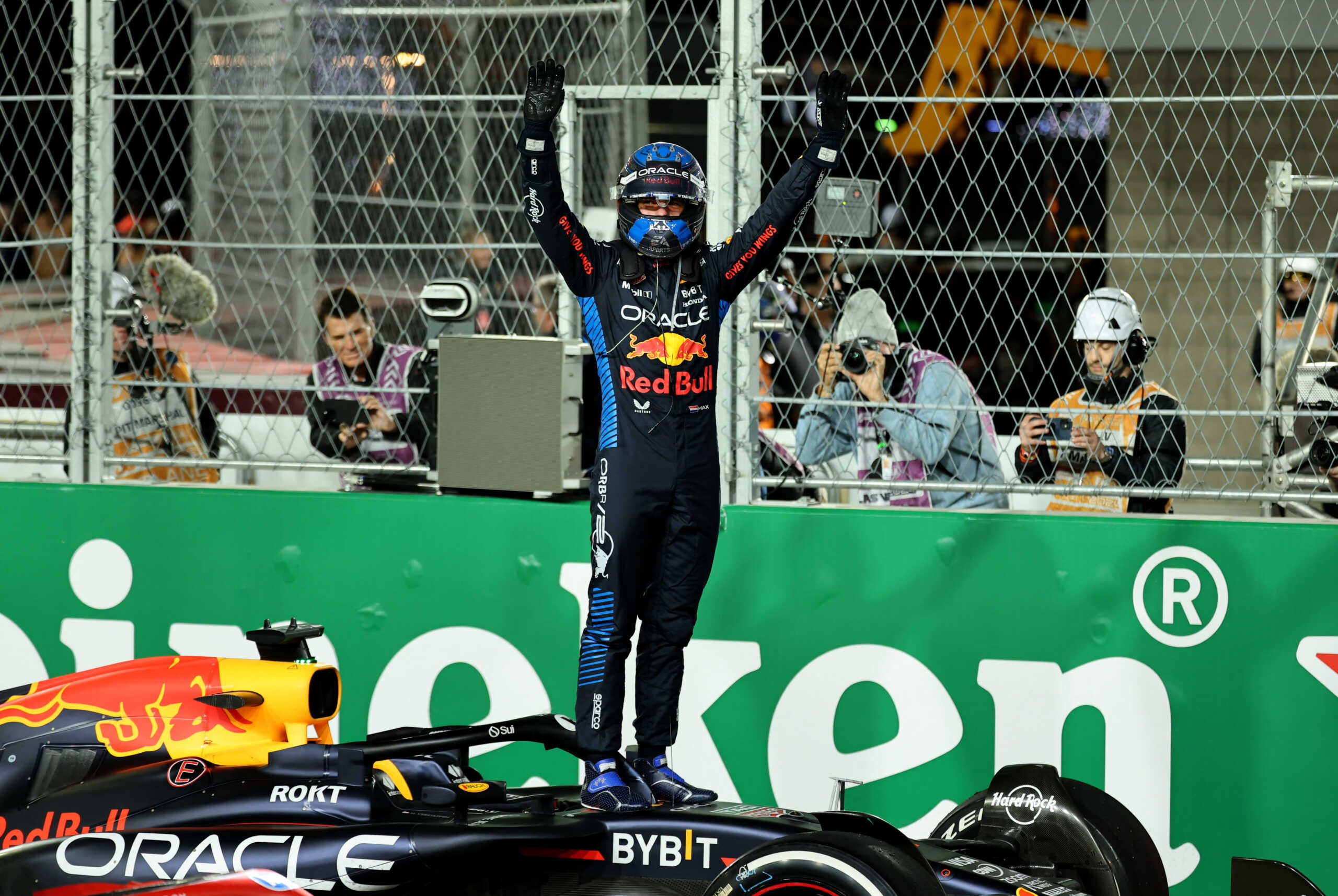 Formula One F1 - Las Vegas Grand Prix - Las Vegas Strip Circuit, Las Vegas, Nevada, United States - November 23, 2024 Red Bull's Max Verstappen celebrates after winning the 2024 F1 world championship title REUTERS