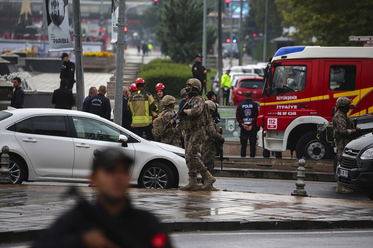 Turkish security forces cordon off an area after an explosion in Ankara, Sunday, Oct. 1, 2023. A suicide bomber detonated an explosive device in the heart of the Turkish capital, Ankara, on Sunday, hours before parliament was scheduled to reopen after a summer recess. A second assailant was killed in a shootout with police. (AP Photo