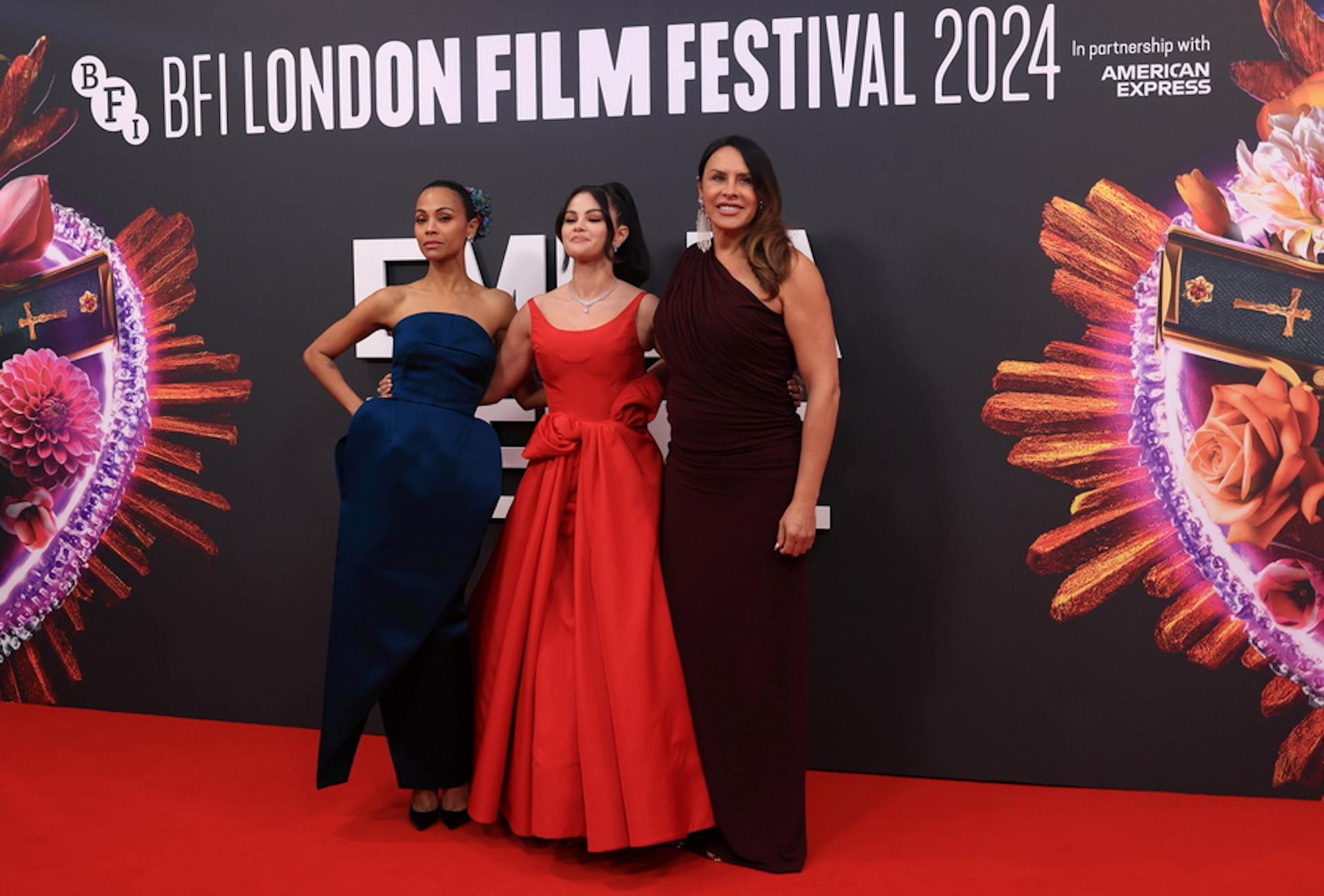 epa11655177 (L-R) US actors Zoe Saldana, Selena Gomez, and Spanish actor Karla Sofia Gascon pose on the red carpet for the 'Emilia Perez' screening at the BFI London Film Festival, in London, Britain, 11 October 2024. The 68th edition of the annual film festival runs from 09 to 20 October 2024.  EPA