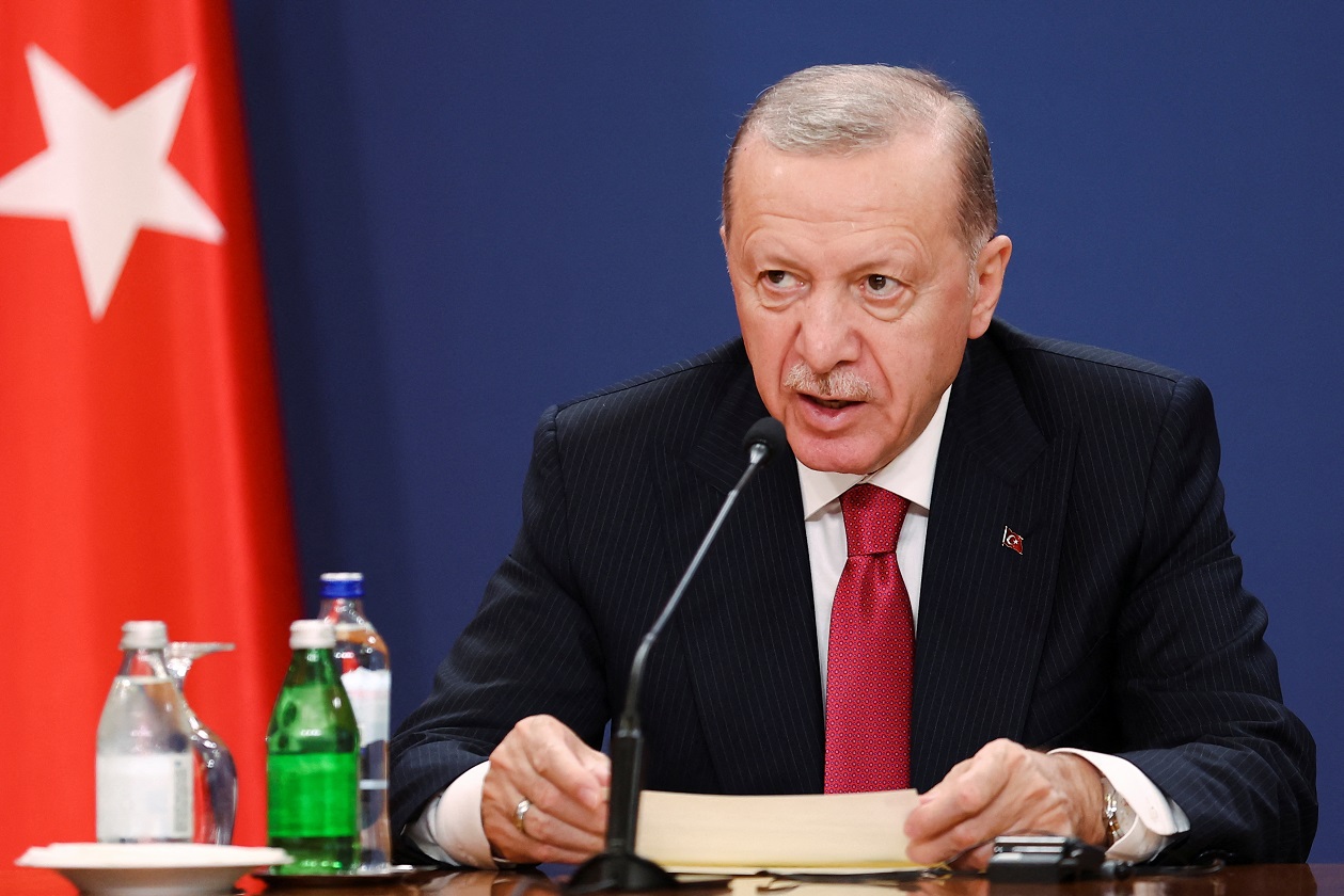 Turkish President Tayyip Erdogan attends a press conference with Serbian President Aleksandar Vucic in Belgrade, Serbia, October 11, 2024. REUTERS