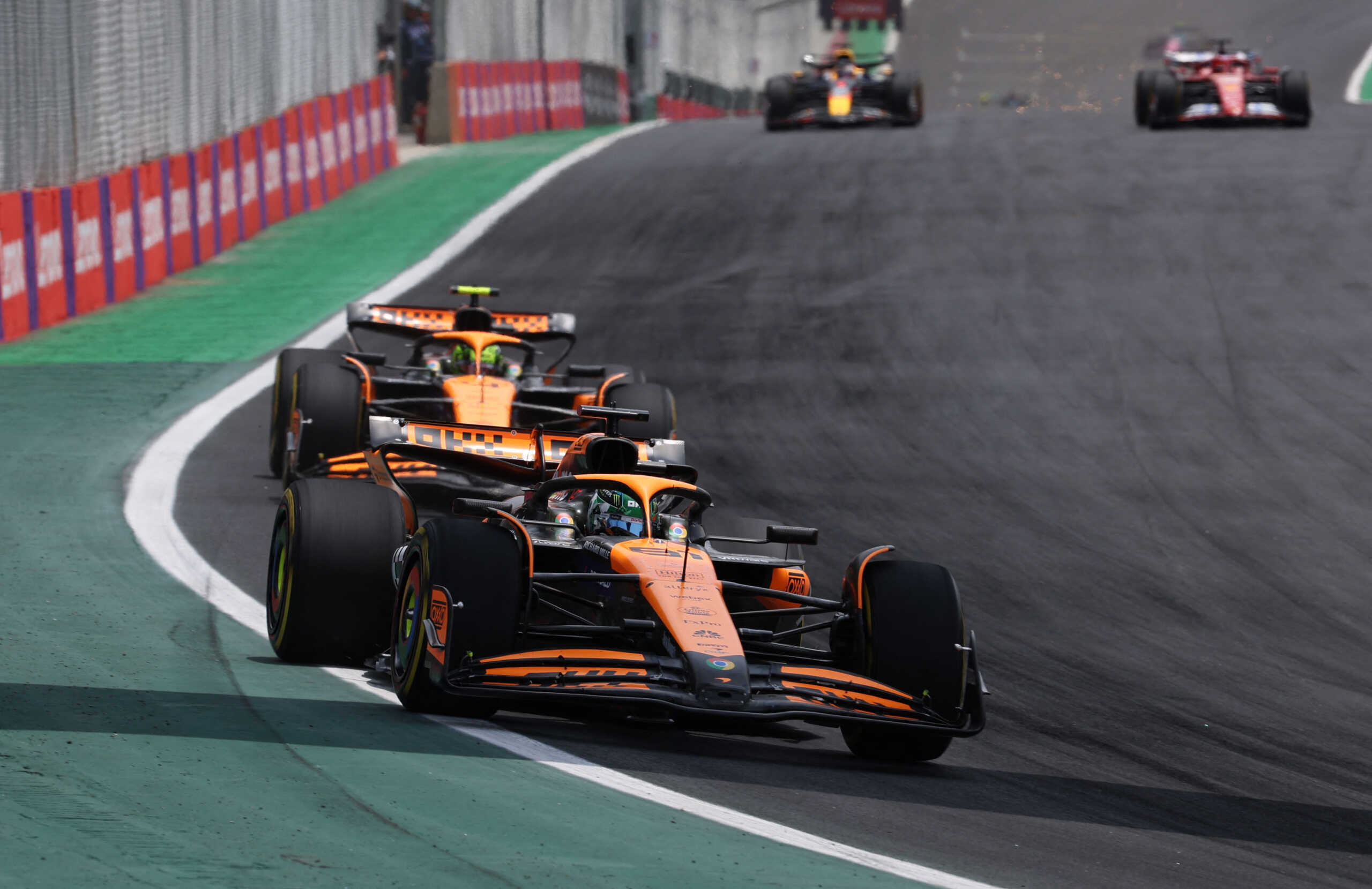 Formula One F1 - Sao Paulo Grand Prix - Autodromo Jose Carlos Pace, Sao Paulo, Brazil - November 2, 2024 McLaren's Oscar Piastri and McLaren's Lando Norris in action during the sprint race REUTERS