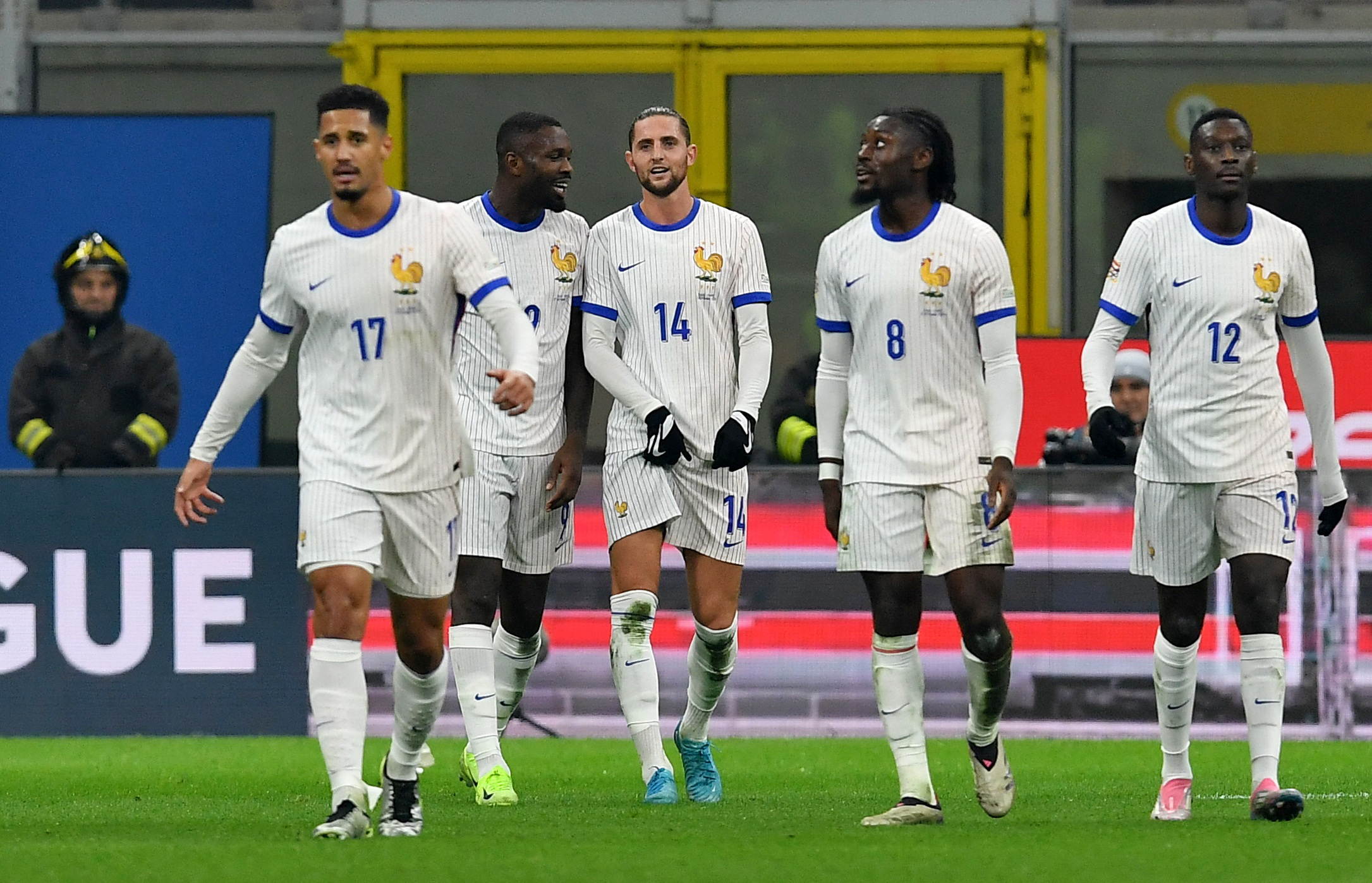 Soccer Football - Nations League - Group Stage - Italy v France - San Siro, Milan, Italy - November 17, 2024 IFrance's Adrien Rabiot celebrates scoring their third goal with teammates REUTERS