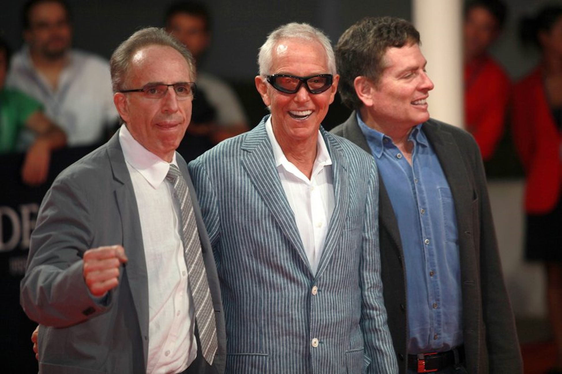 epa01852861 US directors (L to R) Jerry Zucker, Jim Abrahams, and David Zucker pose on the red carpet before the screening of  'Top Secret!' during the 35th American Film Festival of Deauville in Deauville, France, 08 September 2009. The festival is scheduled for 04 September to 13 September 2009.  EPA