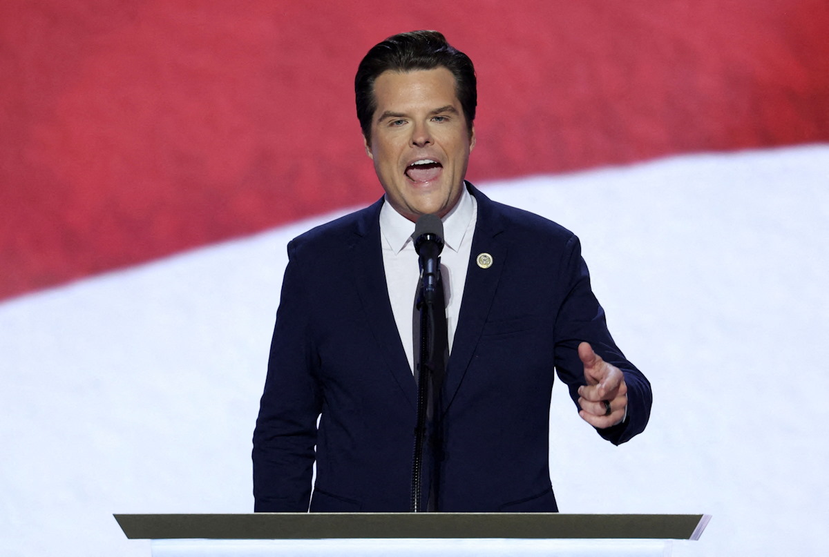 FILE PHOTO: Rep. Matt Gaetz (FL) speaks on Day 3 of the Republican National Convention (RNC), at the Fiserv Forum in Milwaukee, Wisconsin, U.S., July 17, 2024. REUTERS