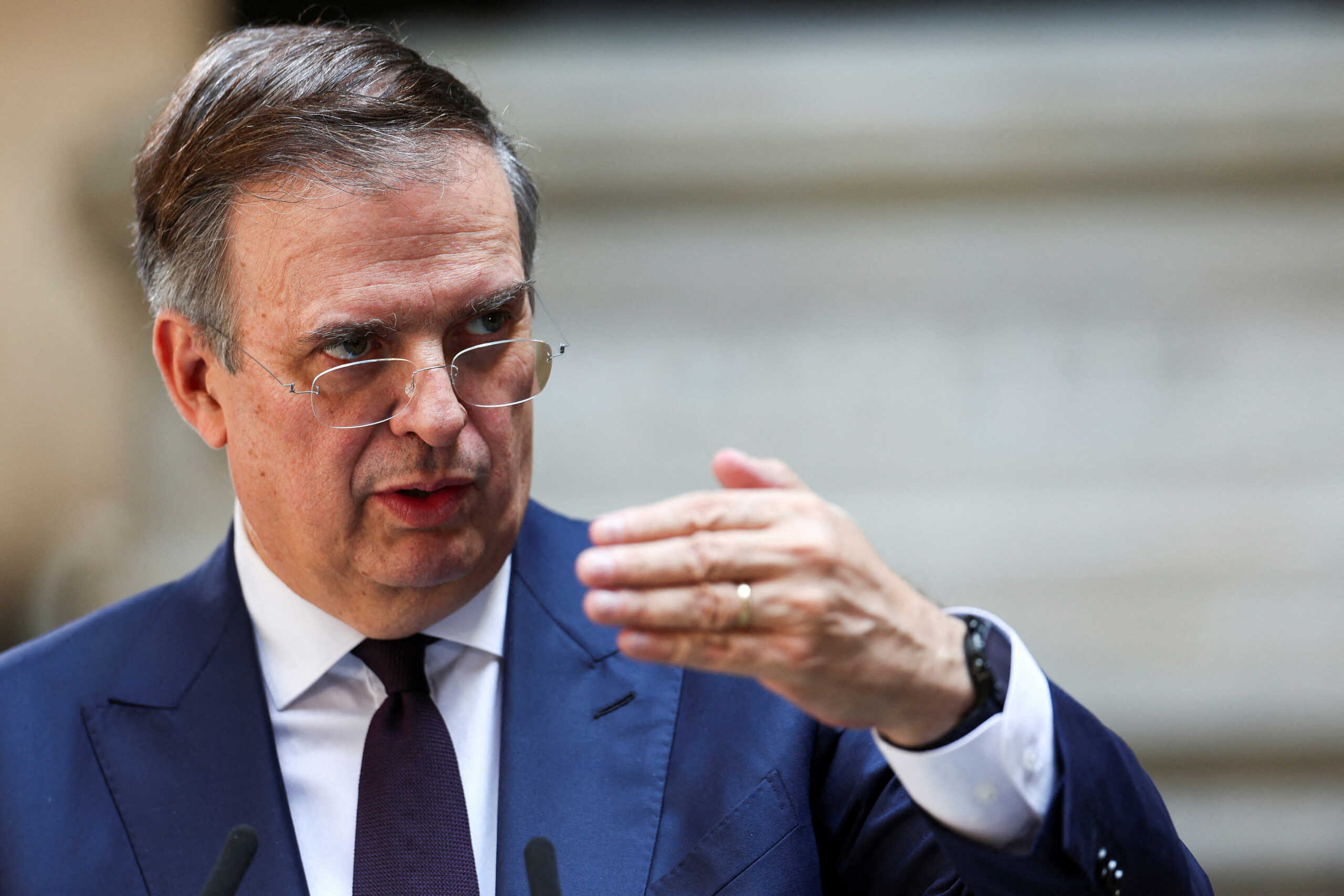 FILE PHOTO: Mexican Minister of Economy Marcelo Ebrard speaks during a press conference following a meeting with business people from Mexico and the United States, in Mexico City, Mexico October 15, 2024 REUTERS