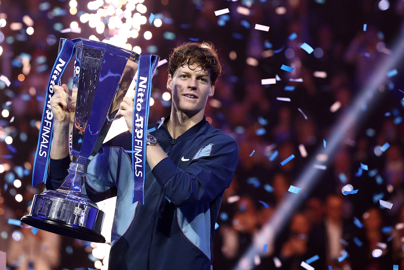 Tennis - ATP Finals - Inalpi Arena, Turin, Italy - November 17, 2024 Italy's Jannik Sinner celebrates with the trophy after winning the ATP Finals against Taylor Fritz of the U.S. REUTERS