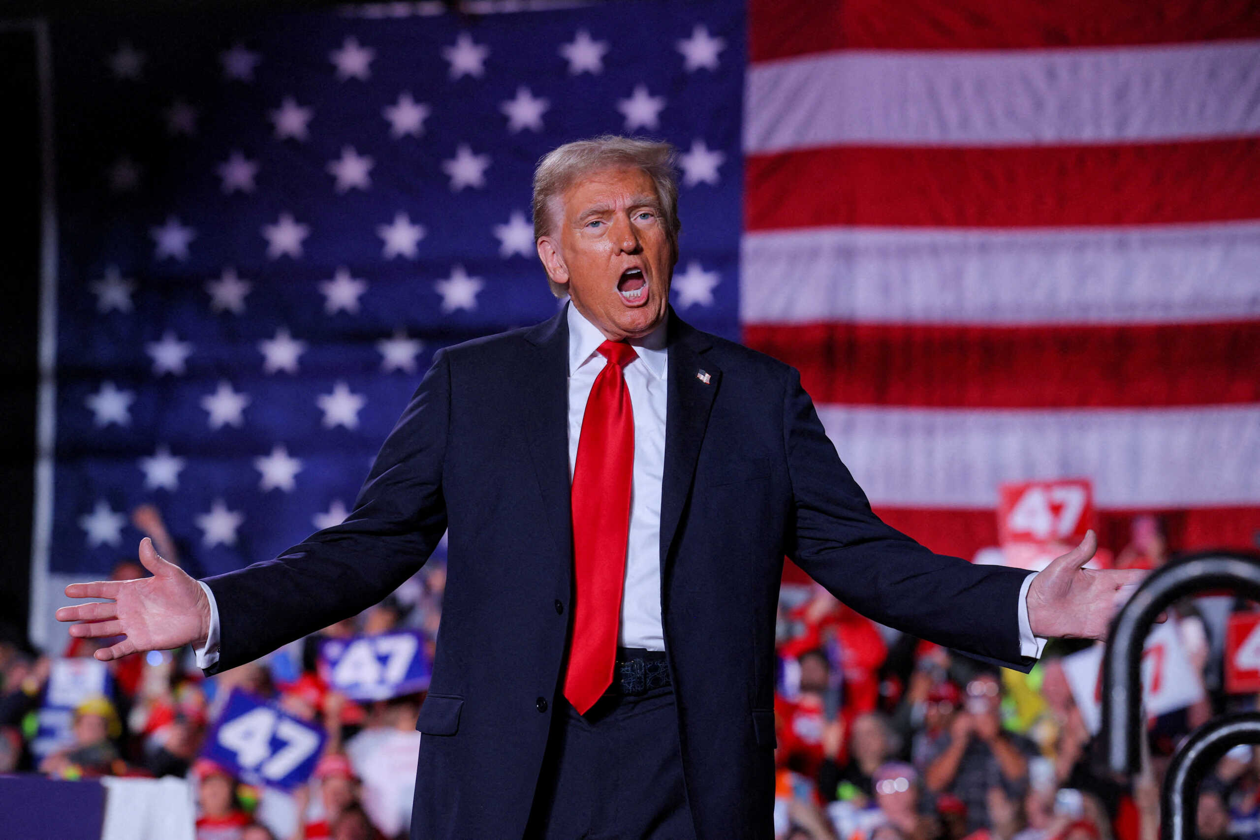 FILE PHOTO: Republican presidential nominee and former U.S. President Donald Trump attends his campaign rally at Macomb Community College in Warren, Michigan, U.S., November 1, 2024. REUTERS