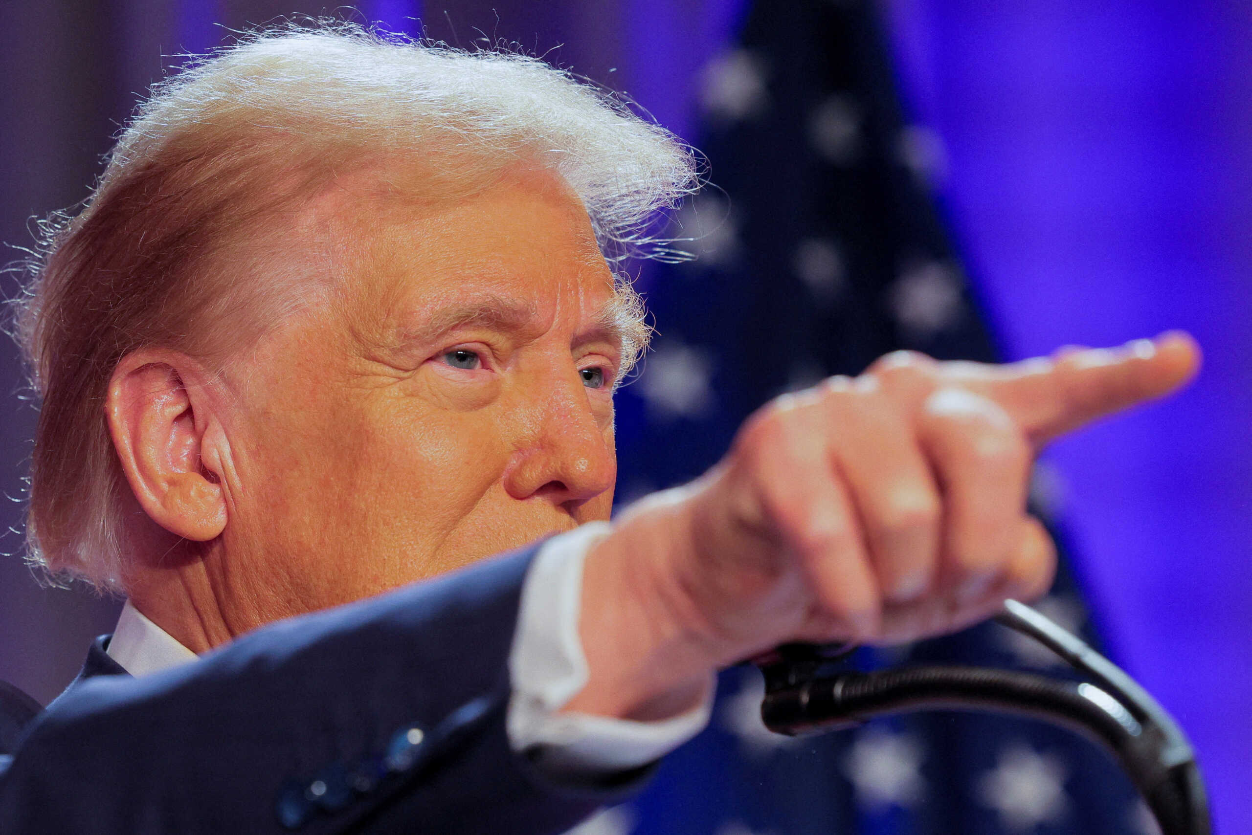 U.S. President-elect Donald Trump gestures as he meets with House Republicans on Capitol Hill in Washington, U.S., November 13, 2024. REUTERS