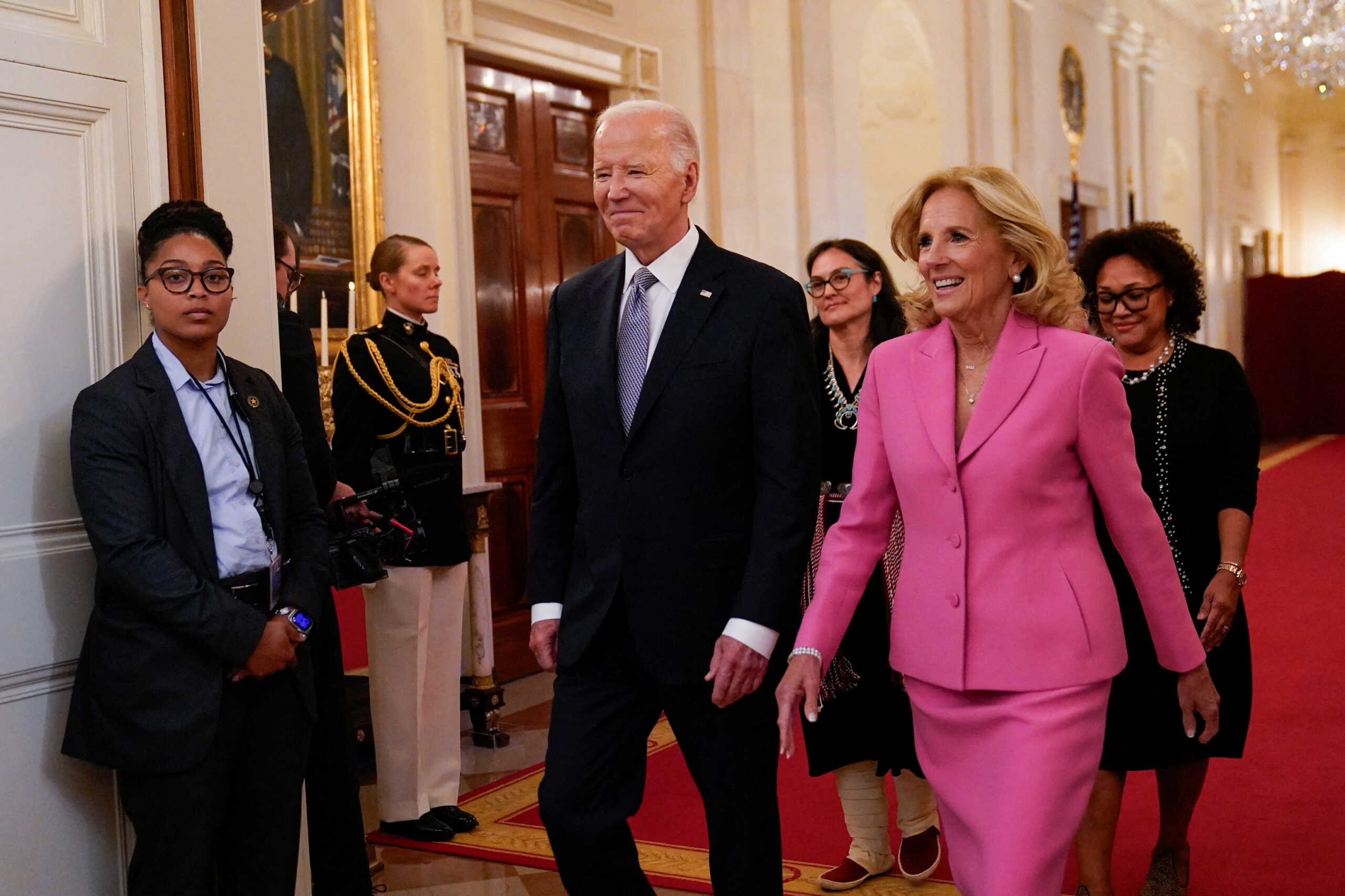 U.S. President Joe Biden and first lady Jill Biden arrive to a reception for 2022 and 2023 recipients of the National Medal of Arts and the National Humanities Medal at the White House in Washington, U.S., October 21, 2024. REUTERS