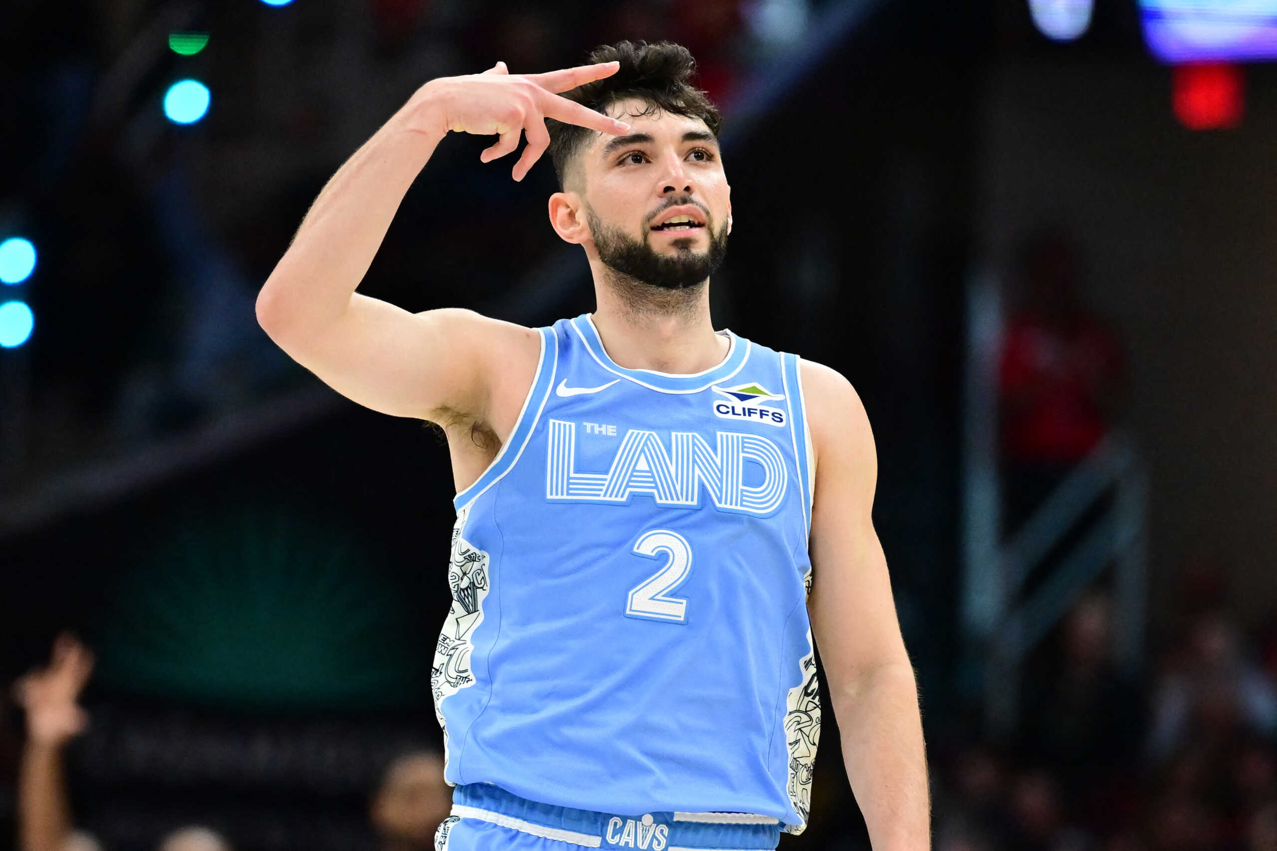 Nov 17, 2024; Cleveland, Ohio, USA; Cleveland Cavaliers guard Ty Jerome (2) celebrates after hitting a three point basket during the first half against the Charlotte Hornets at Rocket Mortgage FieldHouse. Mandatory Credit: Ken Blaze-Imagn Images