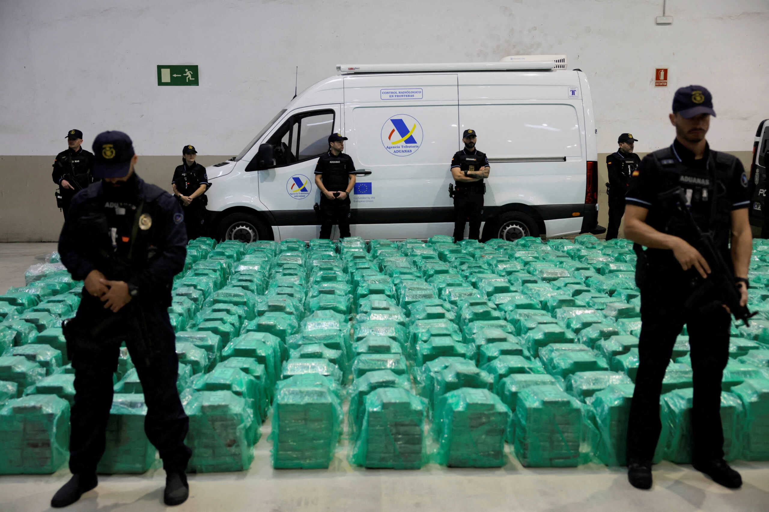 Spanish police display the 13 tons of cocaine, which was seized at the Algeciras port, hidden in banana shipments after it was transported in a container from Ecuador, at the port in Algeciras, Spain, November 6, 2024. REUTERS