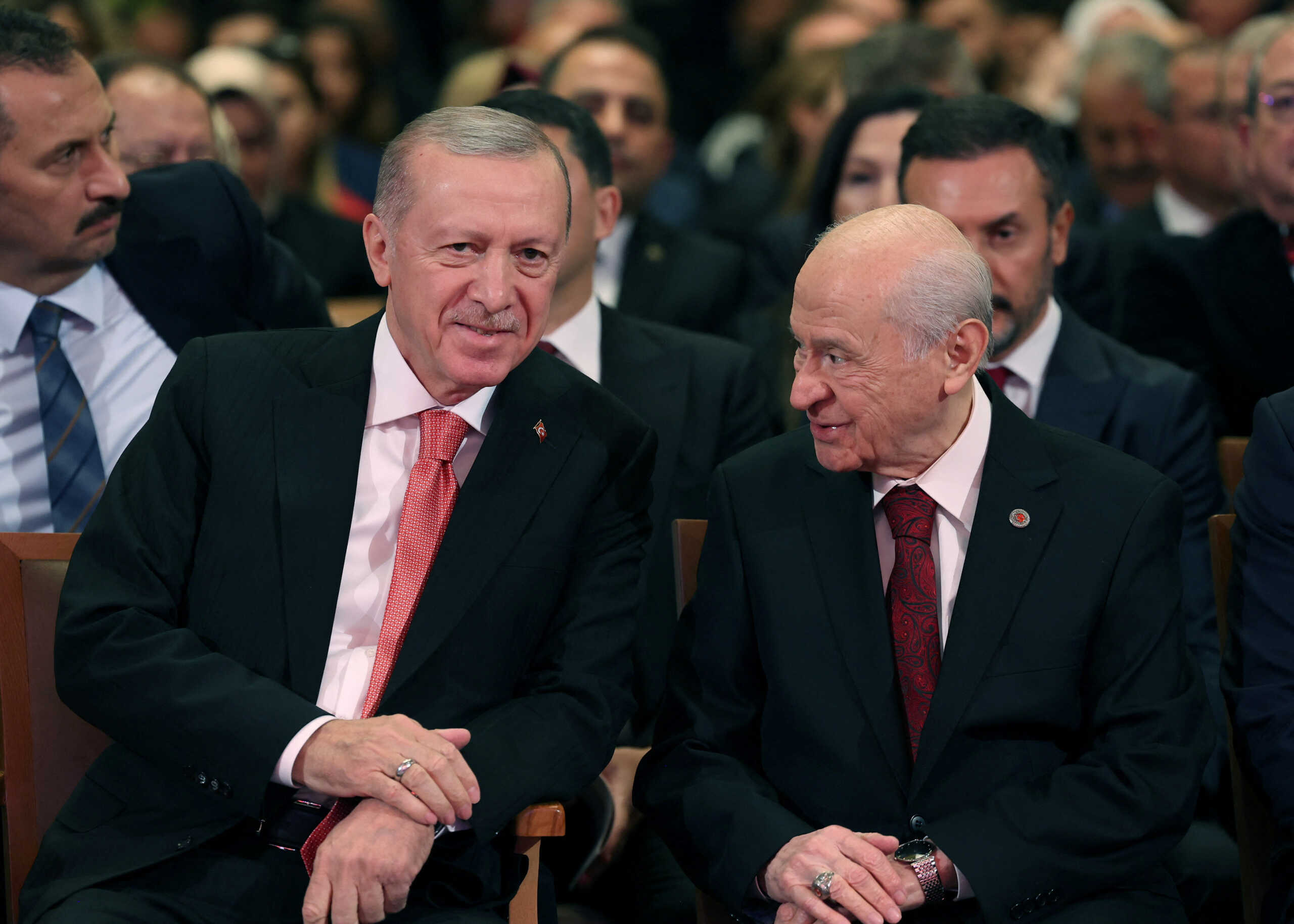 Turkish President Tayyip Erdogan and Devlet Bahceli, leader of the Nationalist Movement Party (MHP), attend a Republic Day event to mark the republic's 101st anniversary, in Ankara, Turkey, October 29, 2024. Murat Kula