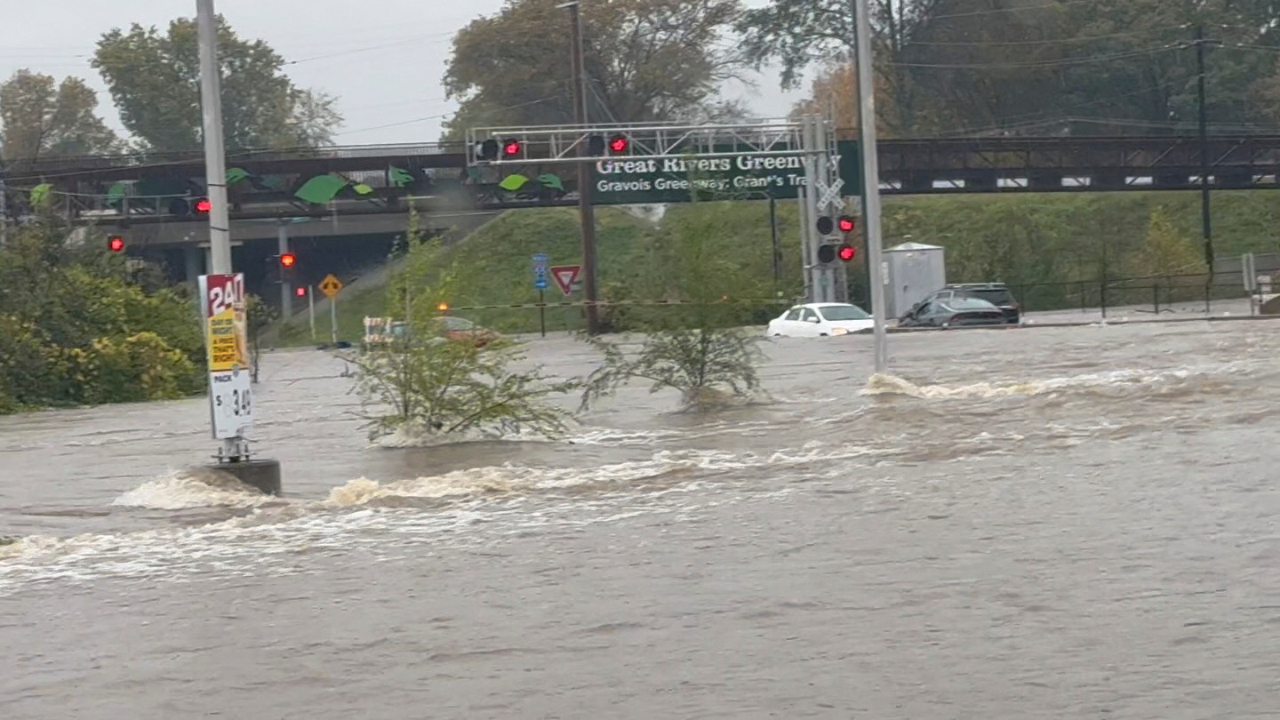 Vehicles are partially submerged in flood water caused by torrential rain in Saint Louis, Missouri, U.S., November 5, 2024 in this still image obtained from social media video.  a._knm via Instagram