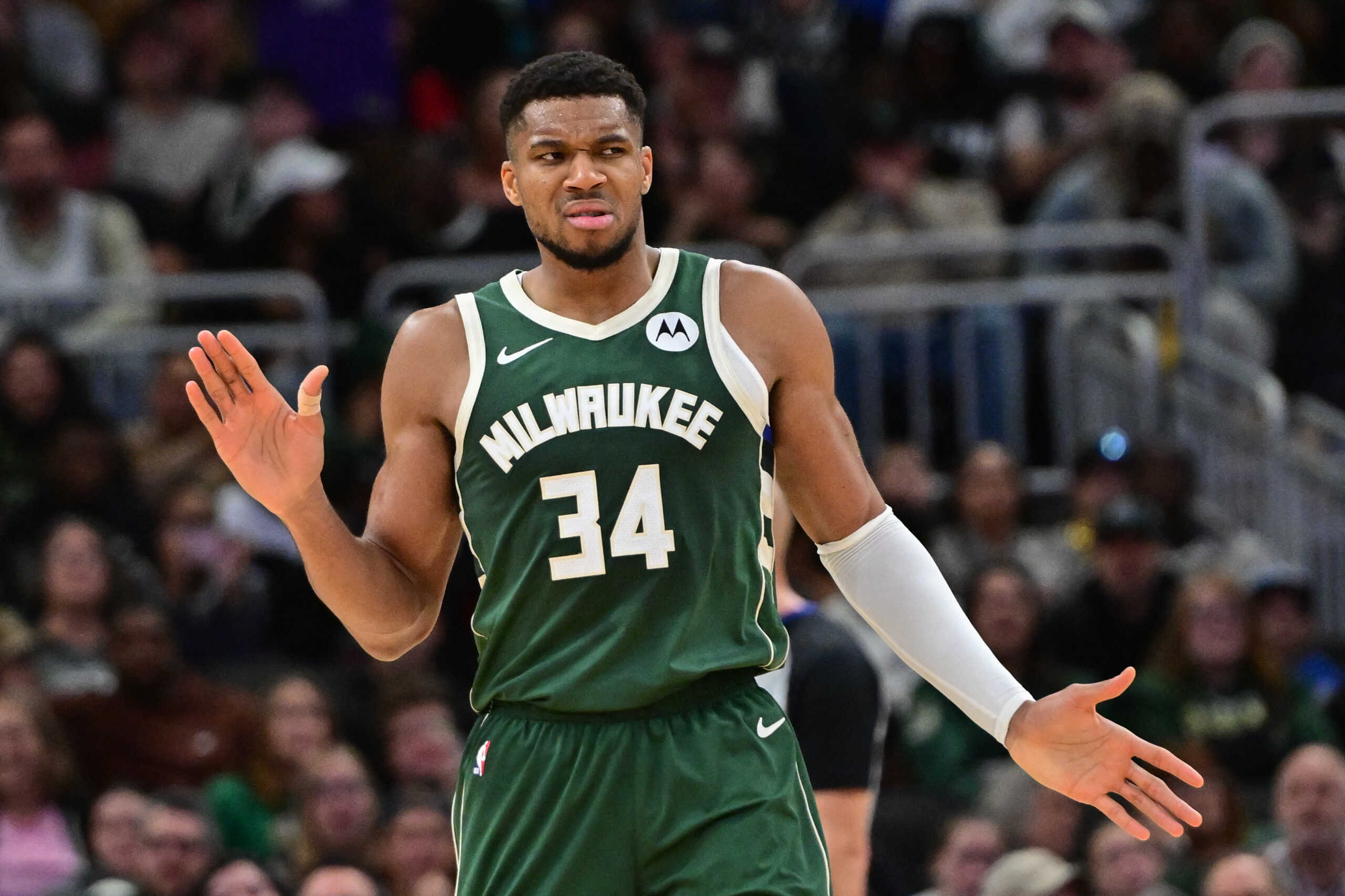 Nov 10, 2024; Milwaukee, Wisconsin, USA;  Milwaukee Bucks forward Giannis Antetokounmpo (34) reacts in the fourth quarter against the Boston Celtics at Fiserv Forum. Mandatory Credit: Benny Sieu-Imagn Images