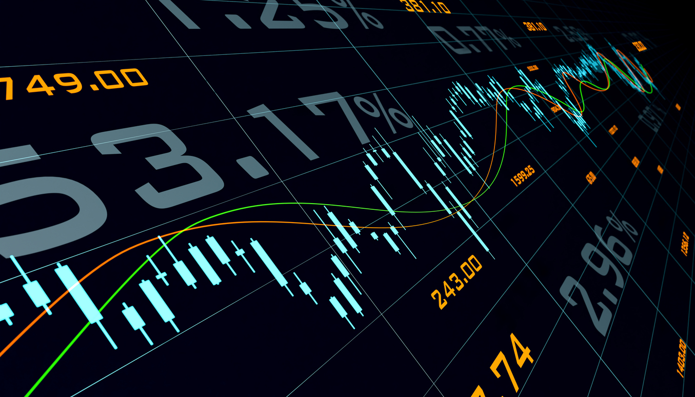 Candle stick chart, lines, numbers and percentage signs. Stock market, trading, equity, investment and financial figures concept. 3D illustration