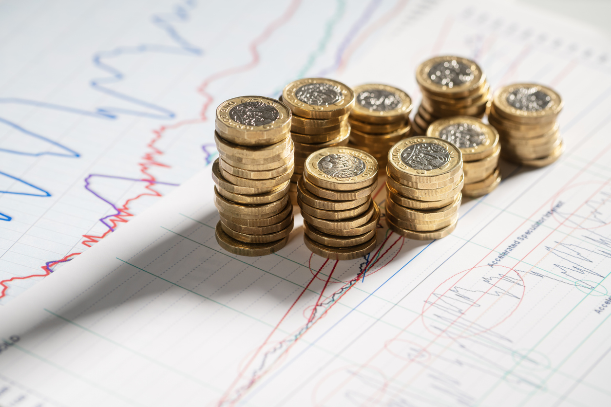 Stack of pound coins on financial graphs and figures balance sheet