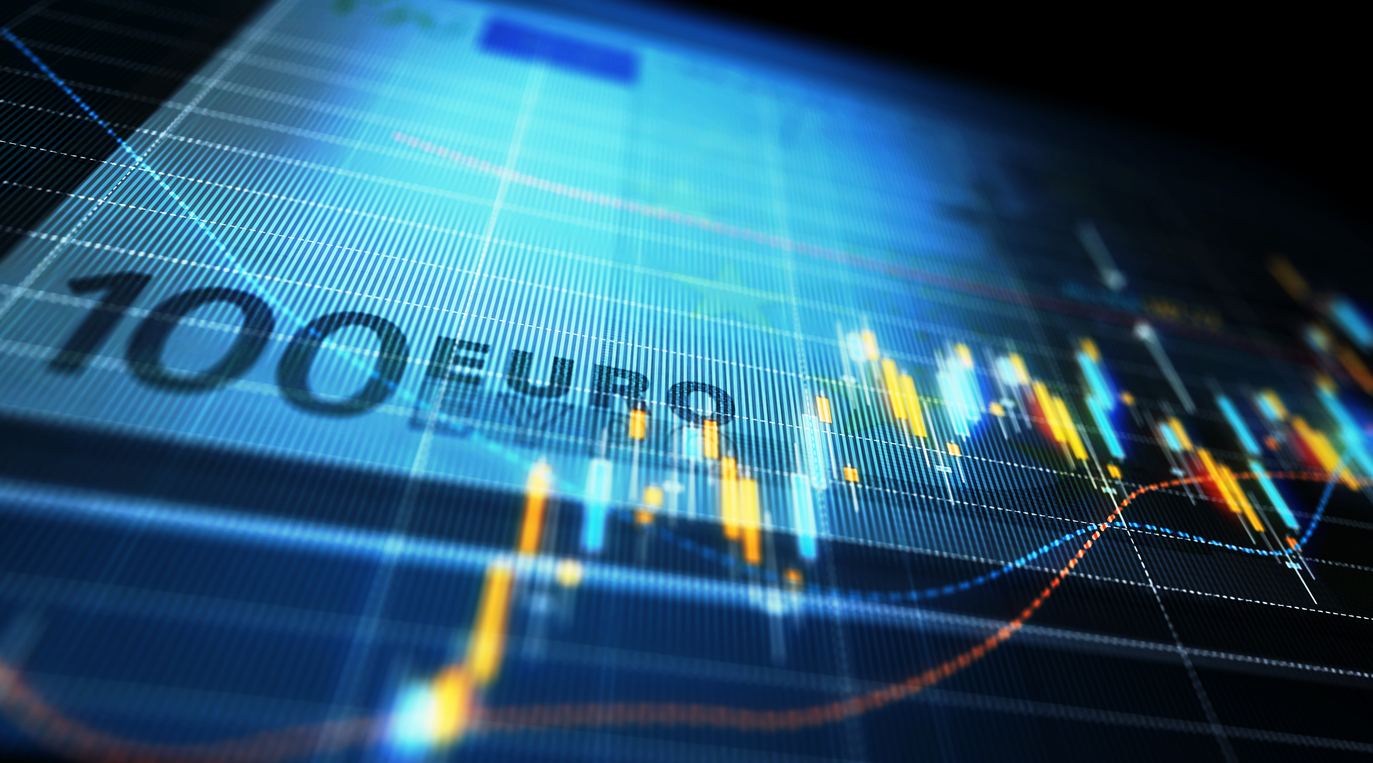 Financial data analysis graph showing market trends over one hundred Euro bill on a digital display . Selective focus. Horizontal composition with copy space.