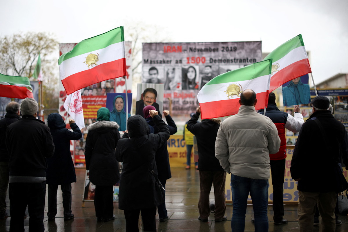 Supporters of the National Council of Resistance of Iran gather to protest against the death penalty in their home country and for the Islamic Revolutionary Guard Corps to be declared a "terrorist organisation", in Berlin, Germany, November 14, 2024. REUTERS