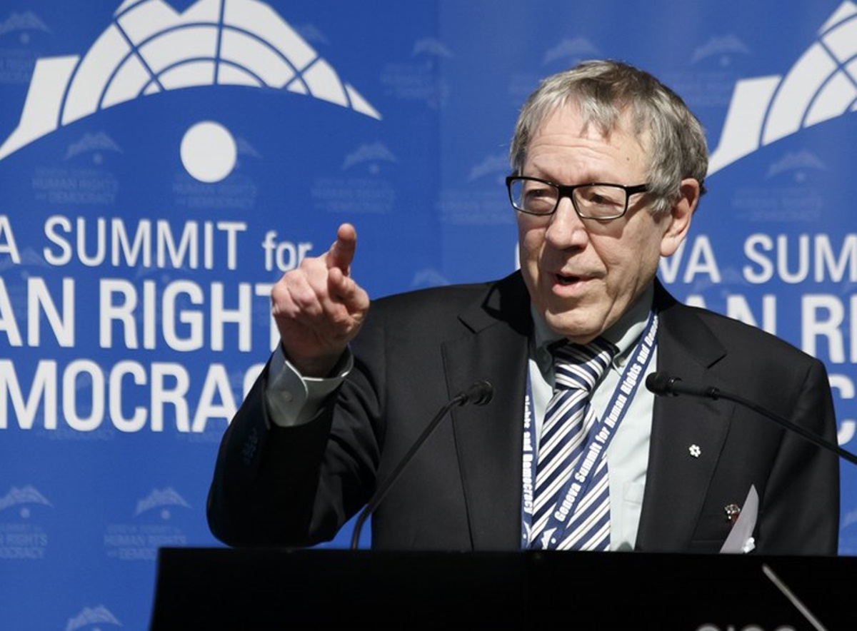 epa06546665 Canadian Irwin Cotler, former Minister of Justice and member of the Organization of American States' (OAS) inquiry on Venezuela, speaks during a panel session titled 'Should Venezuela Be On The United Nations Human Rights Council?', at the 10th Geneva Summit for Human Rights and Democracy, at the International Conference Center Geneva (CICG) in Geneva, Switzerland, 20 February 2018.  EPA