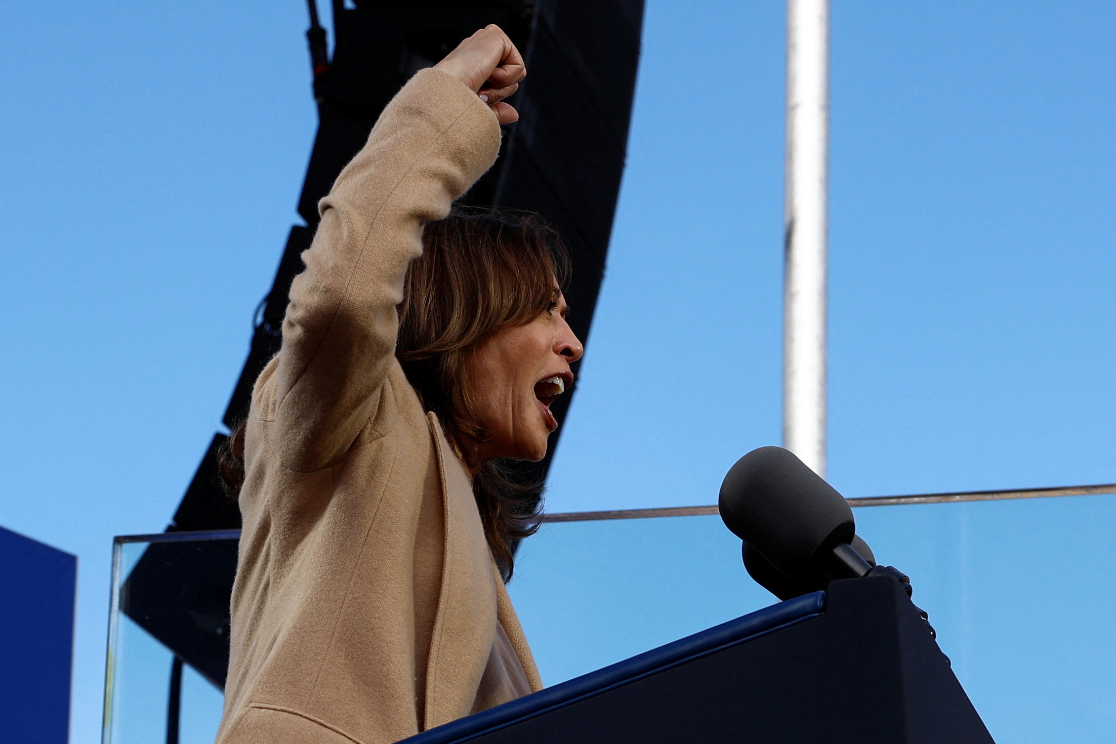 Democratic presidential nominee and U.S. Vice President Kamala Harris speaks during a campaign rally in Atlanta, Georgia, U.S., November 2, 2024. REUTERS