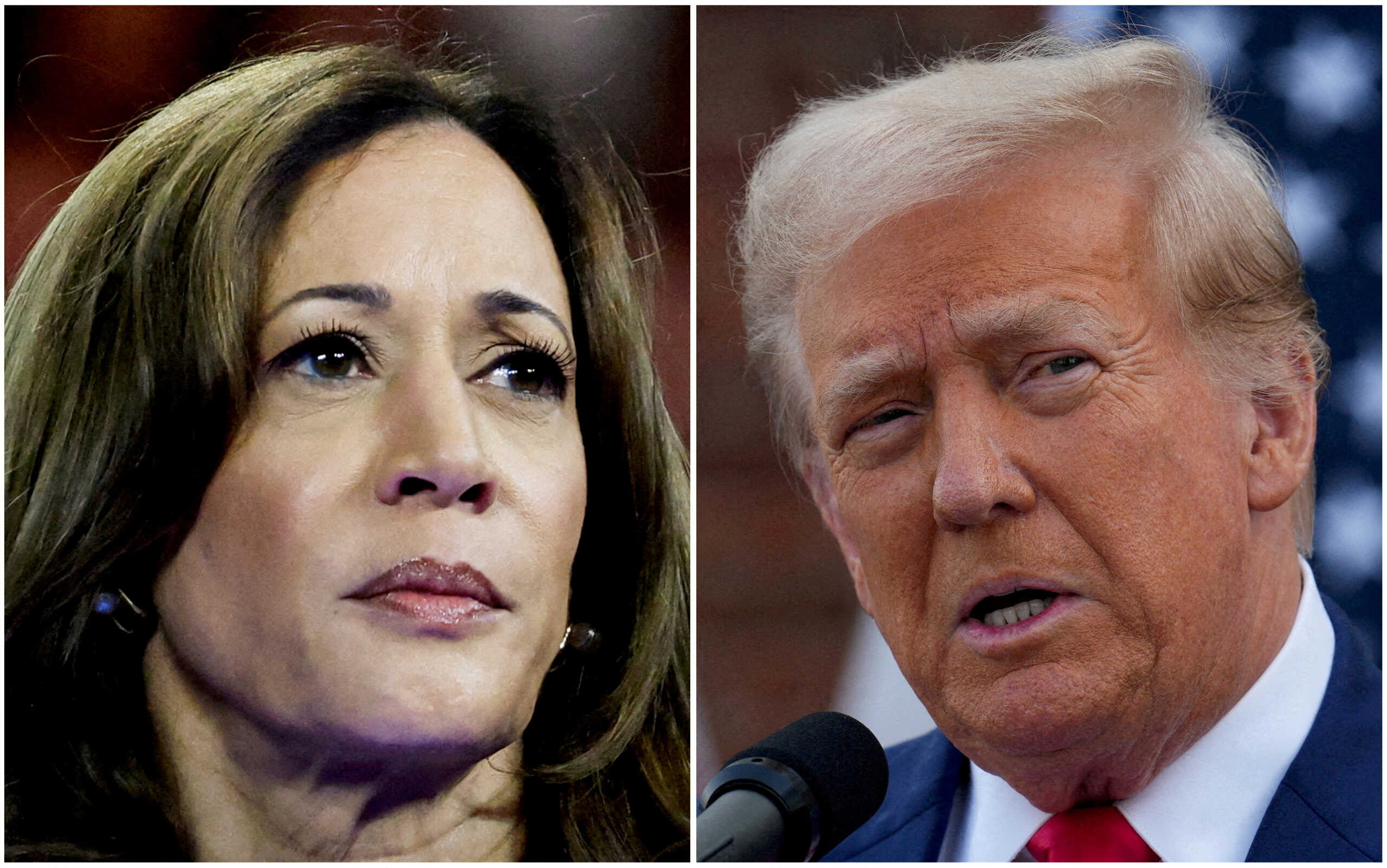 FILE PHOTO: U.S. Vice President Kamala Harris in Milwaukee, Wisconsin, U.S. August 20, 2024 and former U.S. President Donald Trump in Bedminster, New Jersey, U.S., August 15, 2024 are seen in a combination of file photographs. REUTERS