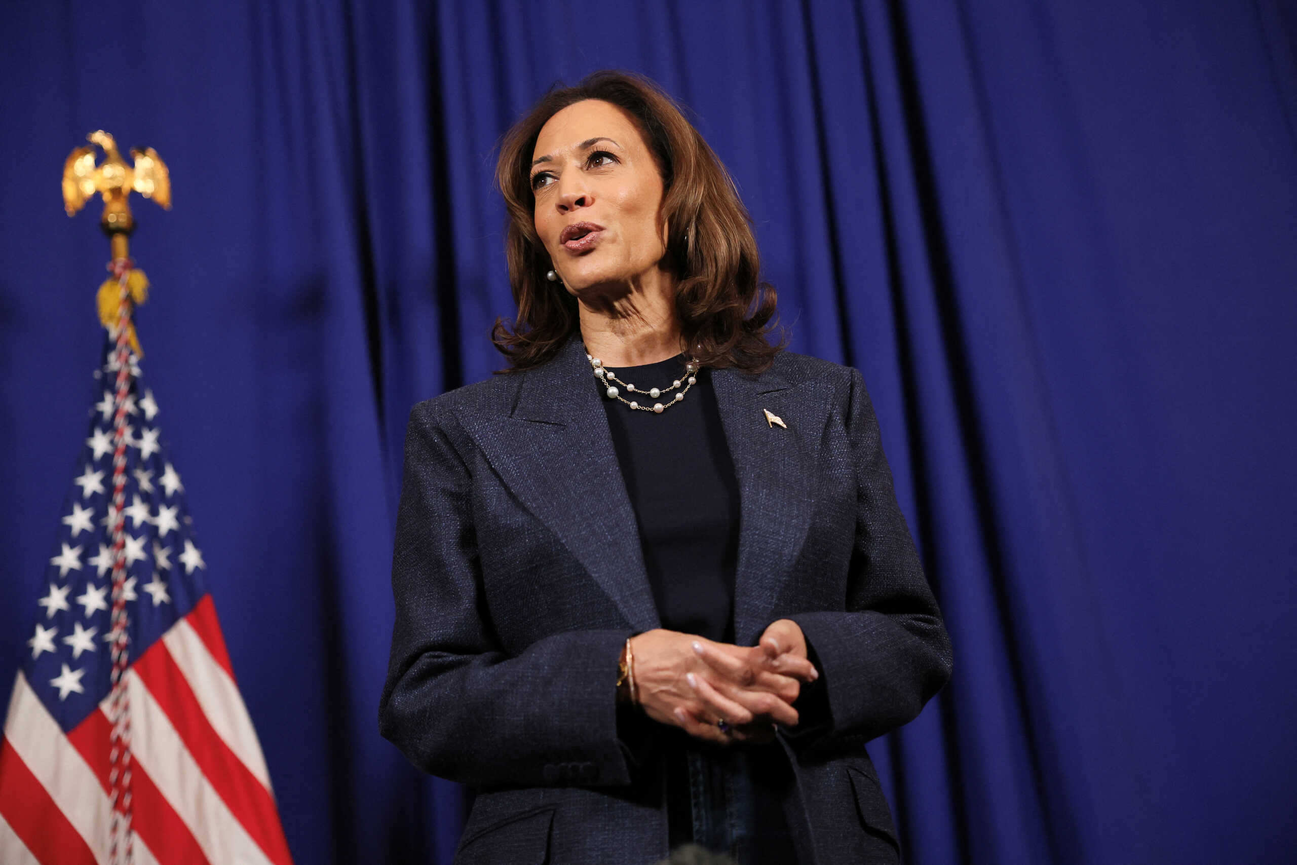 Democratic presidential nominee U.S. Vice President Kamala Harris holds a press conference, at the Greater Emmanuel Institutional Church of God in Christ in Detroit, Michigan, U.S., November 3, 2024. REUTERS