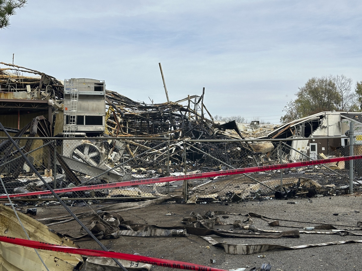 The area is closed off showing damage from an explosion at the Givaudan Color Sense plant in Louisville, Ky. on Wednesday, Nov. 13, 2024. (AP Photo