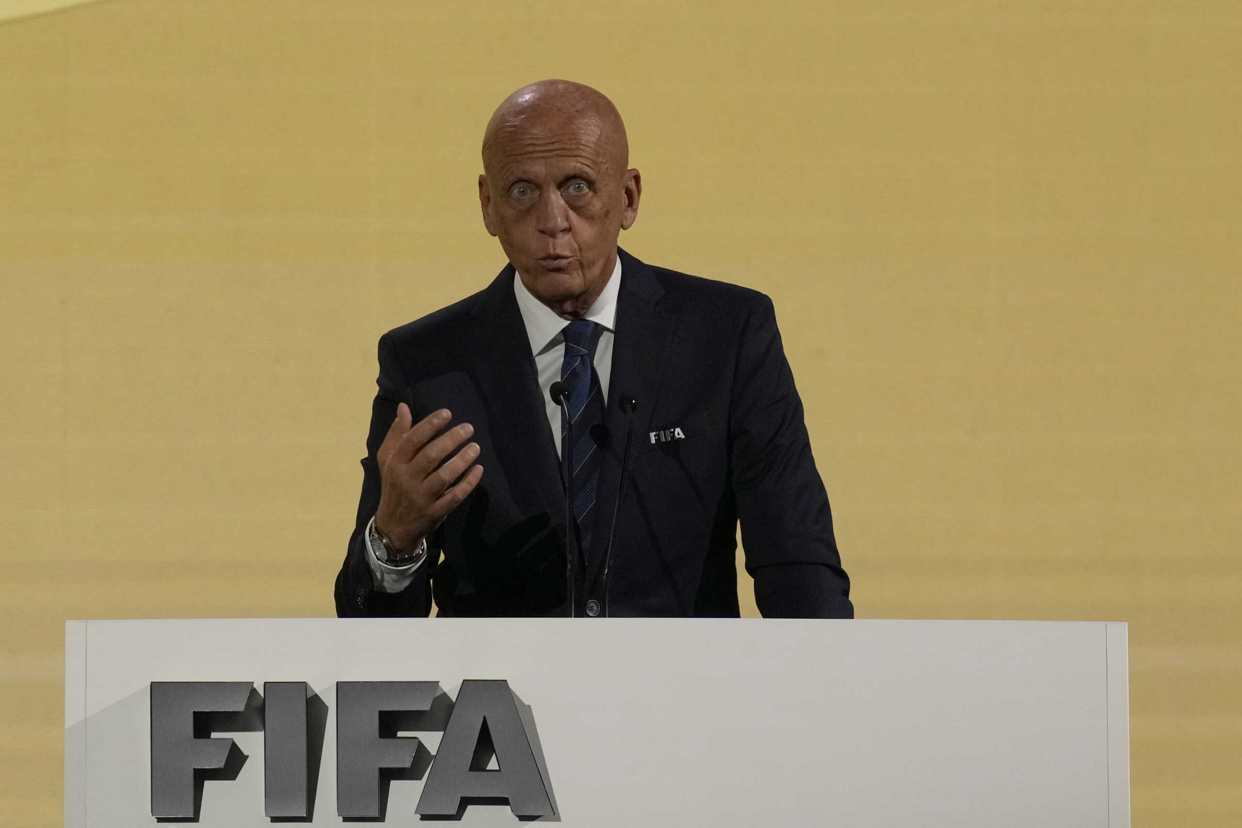 Italy former football referee Pierluigi Collina delivers his speech at the 74th FIFA congress in Bangkok, Thailand, Friday, May 17, 2024. (AP Photo