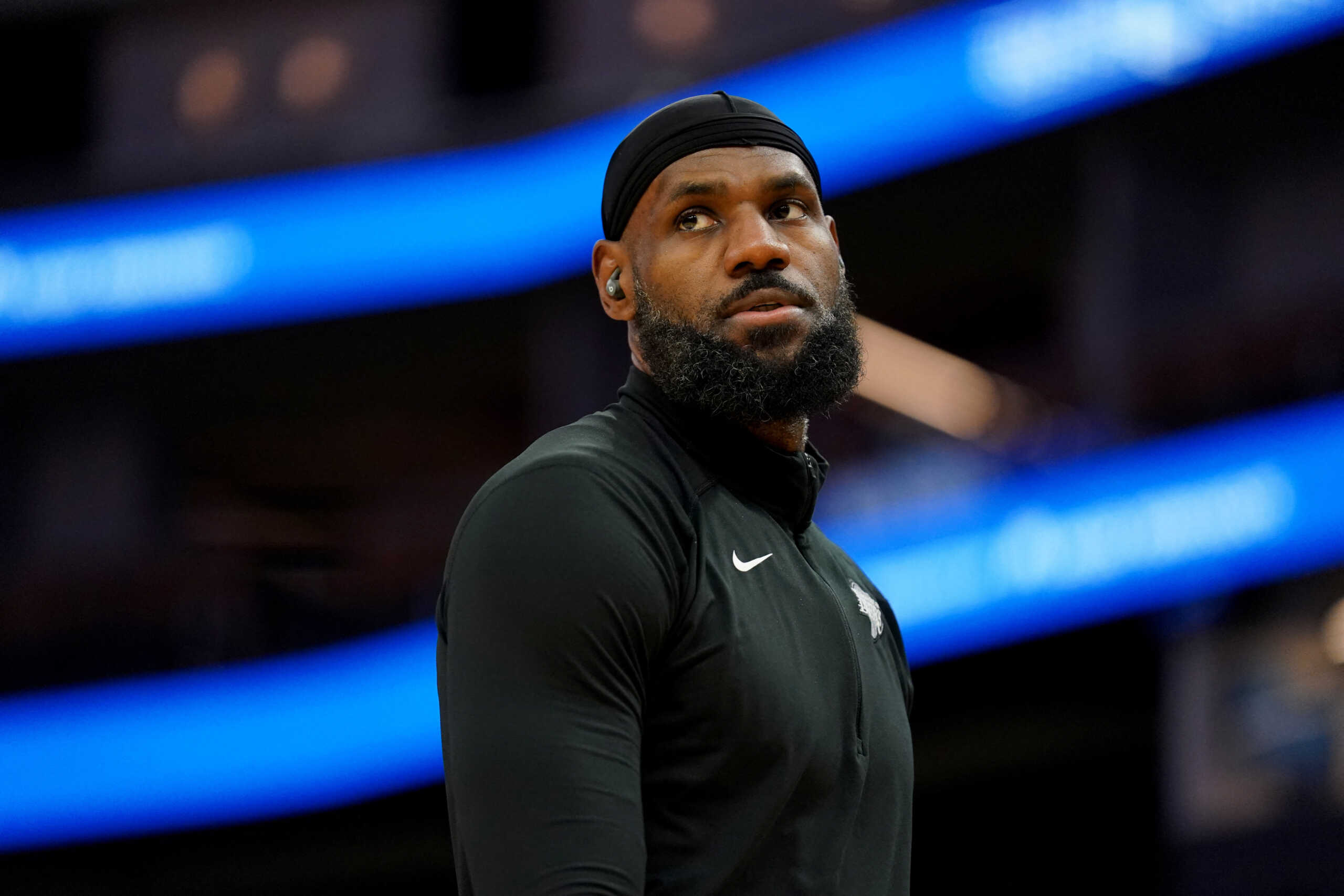 Oct 18, 2024; San Francisco, California, USA; Los Angeles Lakers forward LeBron James (23) stands on the court before the start of the game against the Golden State Warriors at the Chase Center. Mandatory Credit: Cary Edmondson-Imagn Images