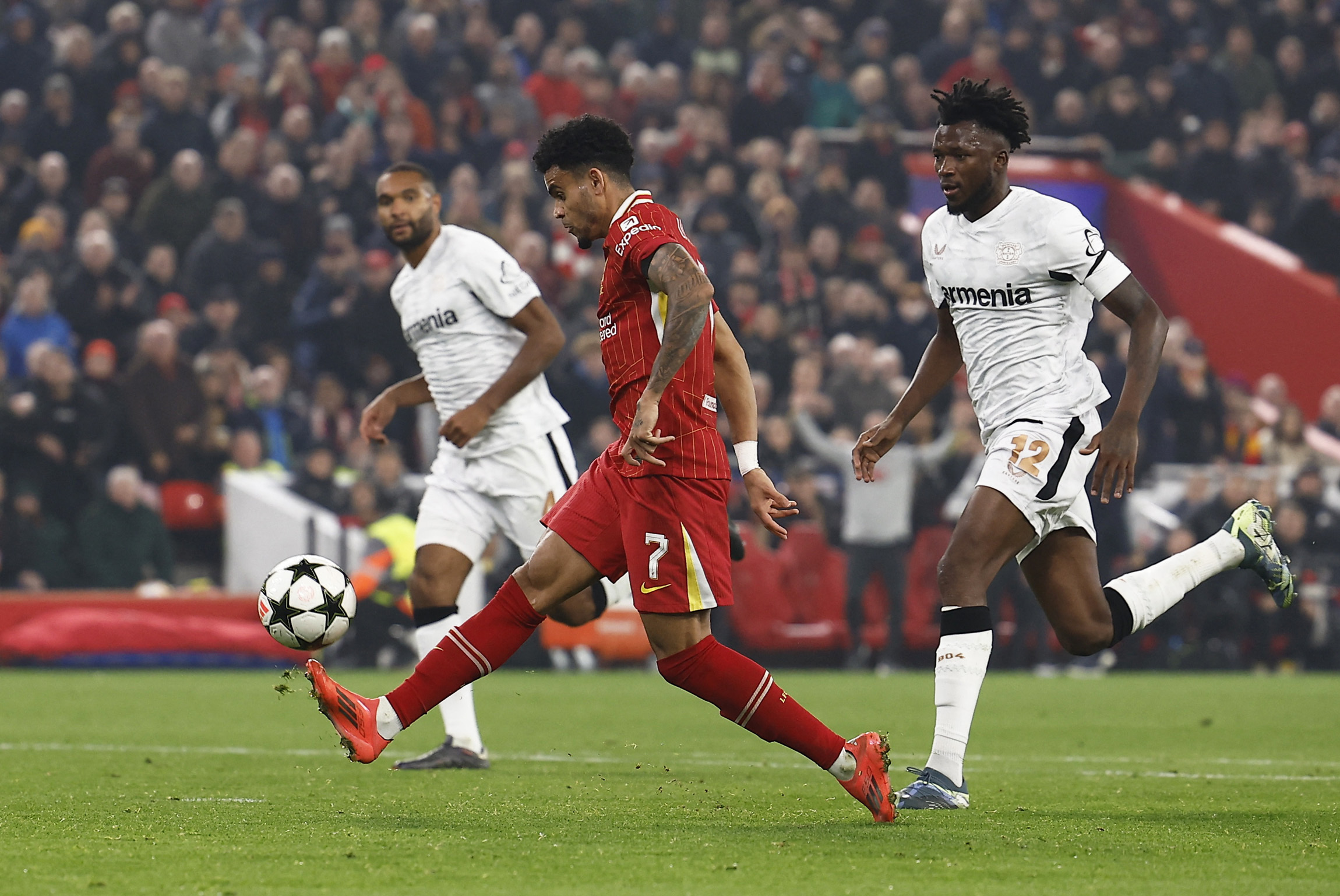 Soccer Football - Champions League - Liverpool v Bayer Leverkusen - Anfield, Liverpool, Britain - November 5, 2024 Liverpool's Luis Diaz scores their first goal Action Images via Reuters