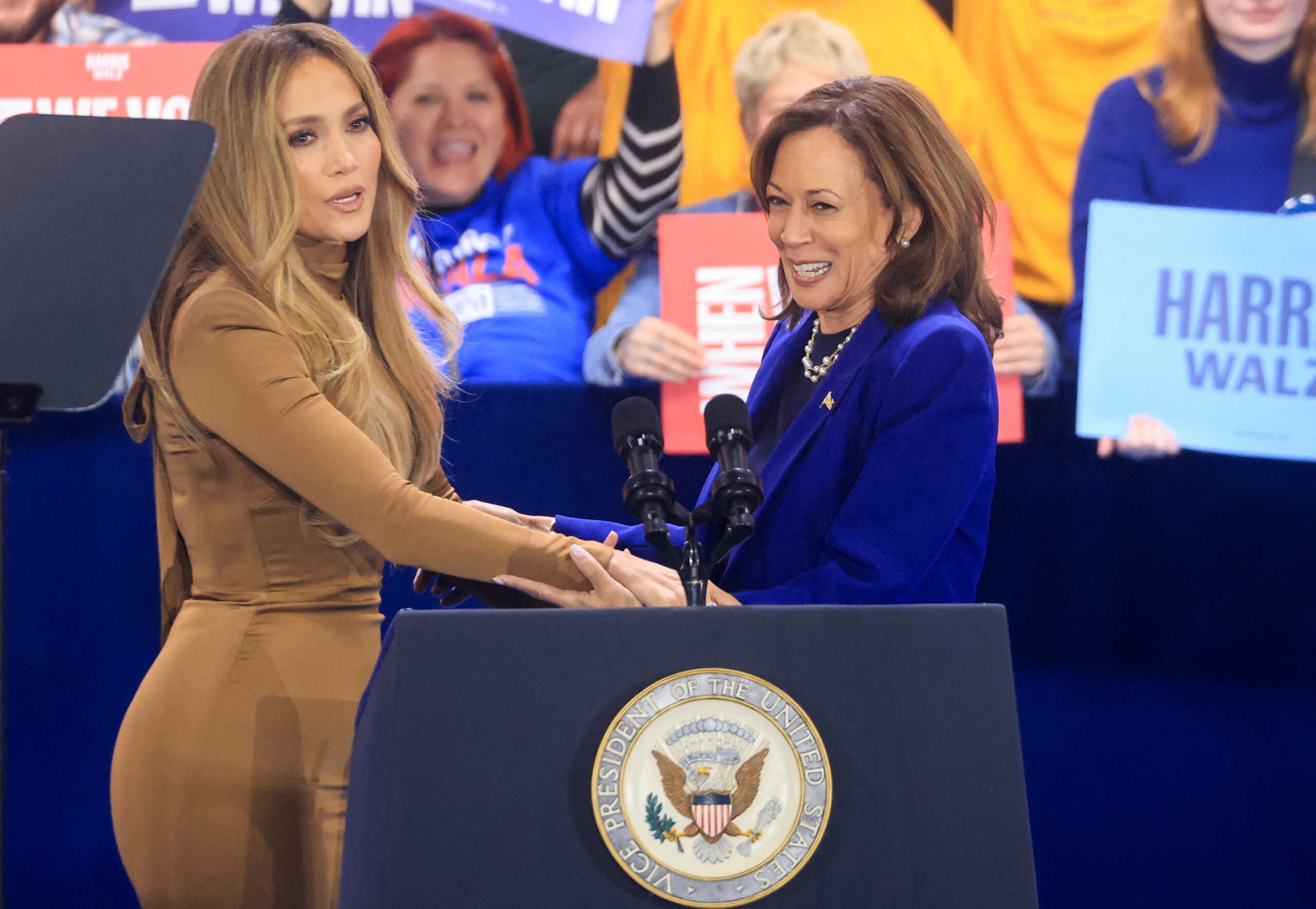 Democratic presidential nominee U.S. Vice President Kamala Harris and Jennifer Lopez attend a campaign rally in North Las Vegas, Nevada, U.S., October 31, 2024. REUTERS