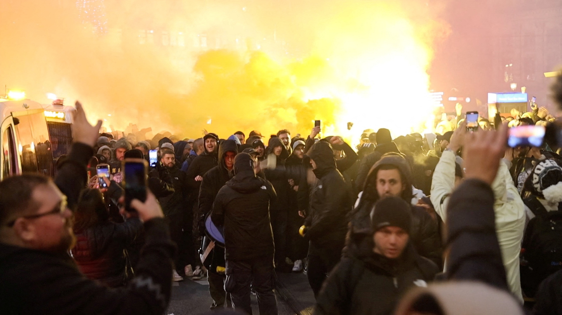 Israeli Maccabi Tel Aviv supporters demonstrate and light flares in Amsterdam, Netherlands, November 7, 2024, in this screengrab obtained from a social media video.  Michel Van Bergen