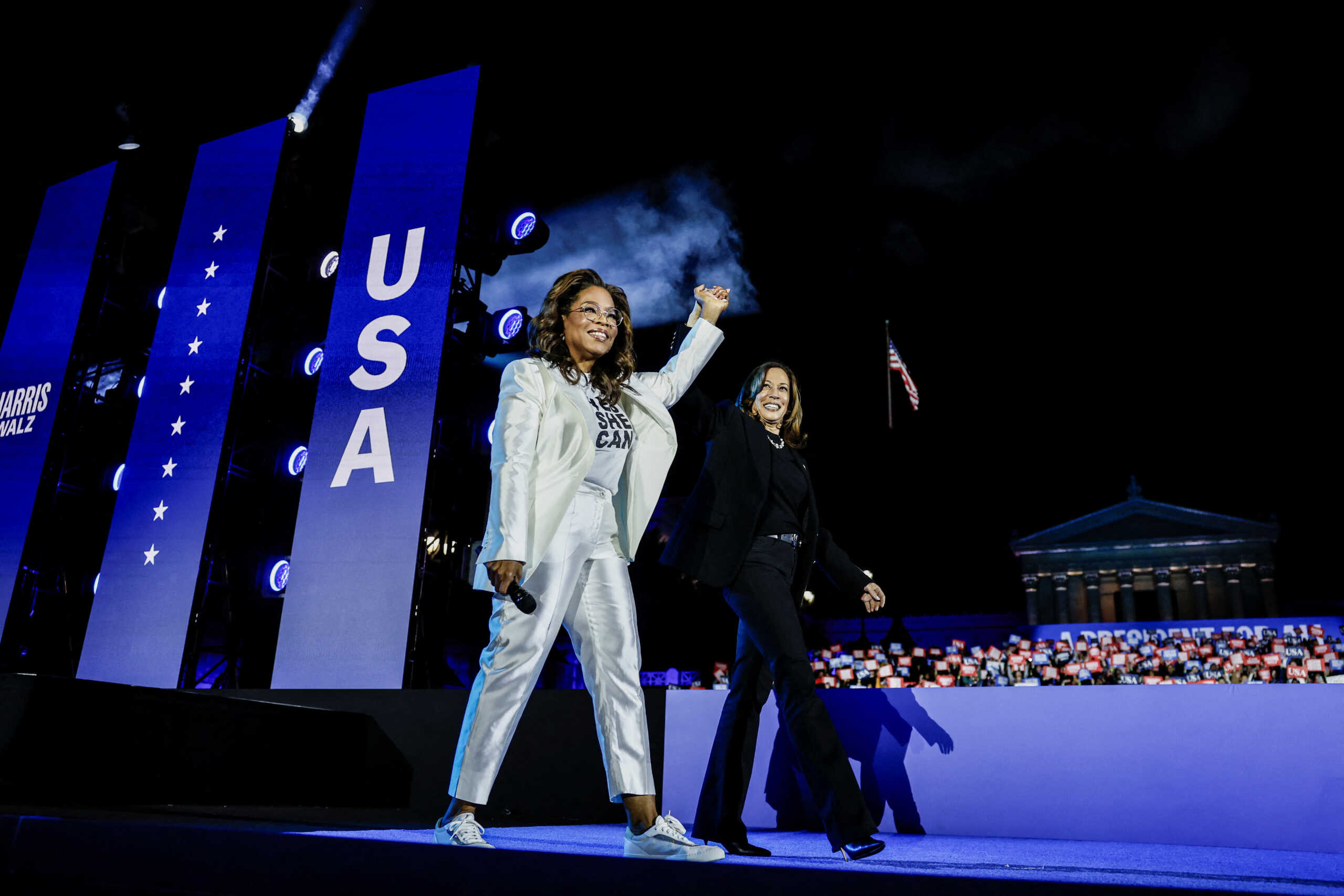 Oprah Winfrey and Democratic presidential nominee U.S. Vice President Kamala Harris attend a campaign rally of Harris in Philadelphia, Pennsylvania, U.S., November 4, 2024. REUTERS