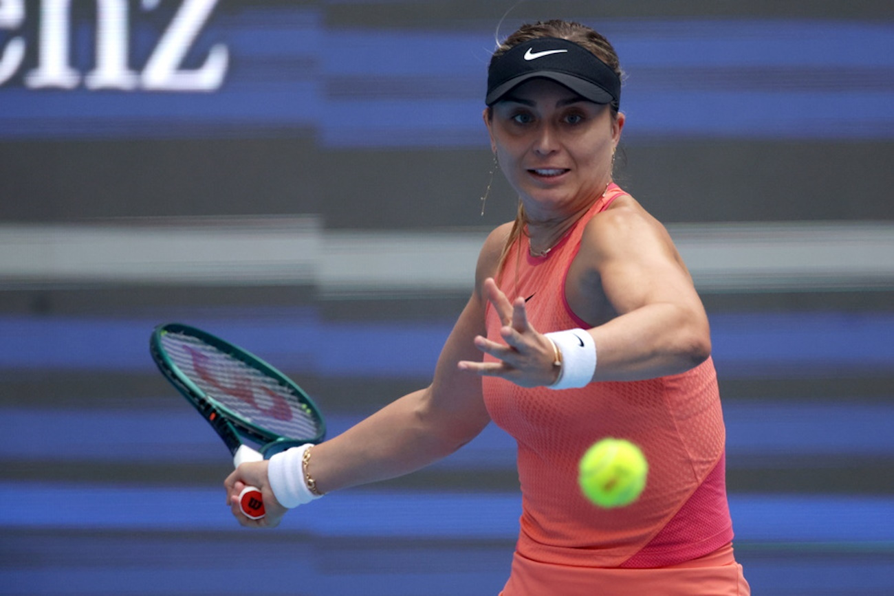 epa11643098 Paula Badosa of Spain in action during her Women's Singles semi-finals match against Coco Gauff of USA in the China Open tennis tournament in Beijing, China, 05 October 2024.  EPA