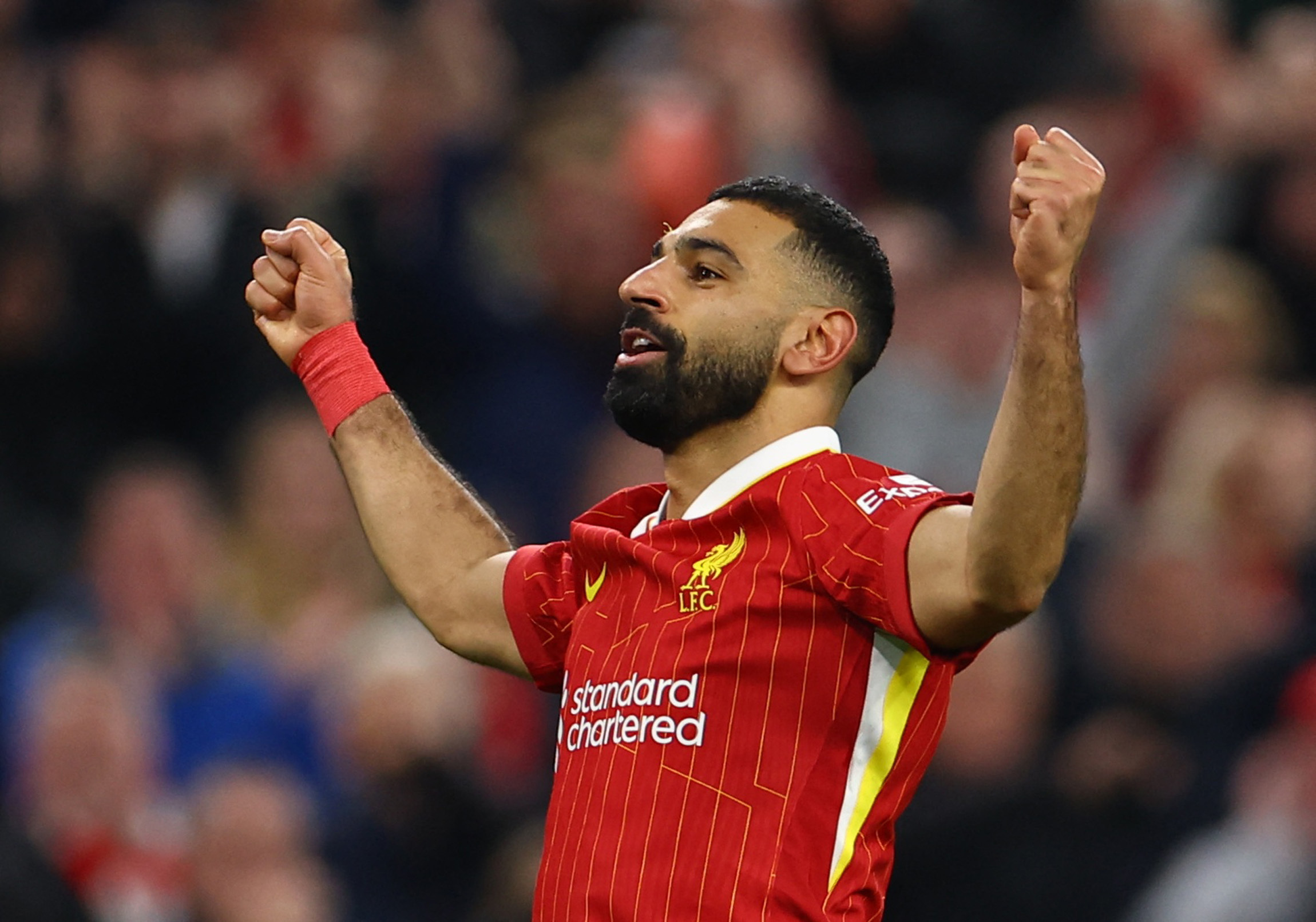 Soccer Football - Premier League - Liverpool v Brighton & Hove Albion - Anfield, Liverpool, Britain - November 2, 2024 Liverpool's Mohamed Salah celebrates scoring their second goal REUTERS