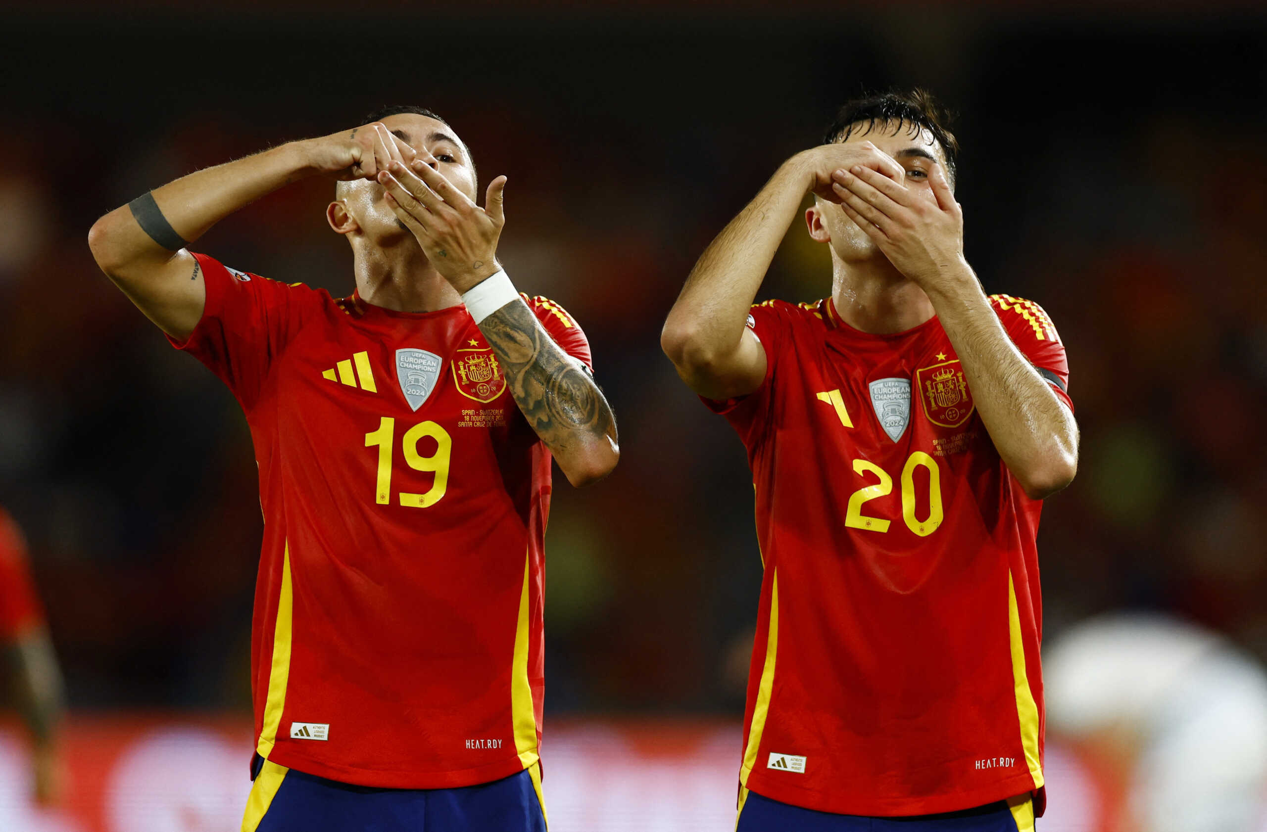 Soccer Football - Nations League - Group Stage - Spain v Switzerland - Estadio Heliodoro Rodriguez Lopez, Santa Cruz de Tenerife, Spain - November 18, 2024 Spain's Yeremy Pino celebrates scoring their first goal with Pedri REUTERS