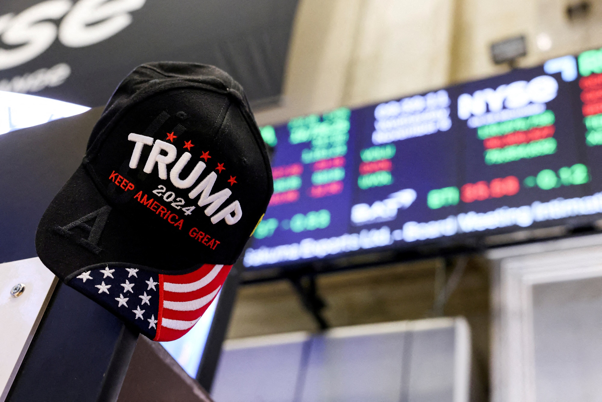 FILE PHOTO: A view shows a hat in support of Republican Donald Trump, after he won the U.S. presidential election, at the New York Stock Exchange (NYSE) in New York City, U.S., November 6, 2024. REUTERS