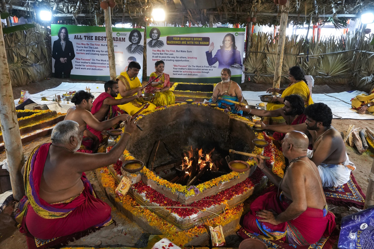 Hindu priests perform rituals during special prayers for the victory of Democratic presidential nominee Vice President Kamala Harris in the U.S. elections at Palvancha, Telangana, India, Monday, Nov. 4, 2024. The prayers were organized by an educational foundation named after Harris' late mother Shyamala Gopalan. (AP Photo