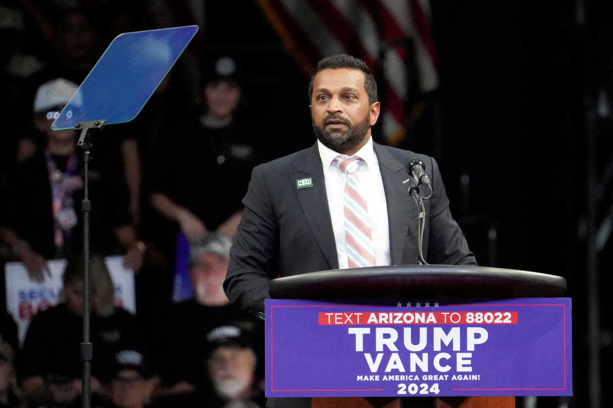 FILE PHOTO: Kash Patel, former chief of staff to the defense secretary, speaks on the day Republican presidential candidate and former U.S. President Donald Trump holds a campaign rally, in Prescott Valley, Arizona, U.S., October 13, 2024.  REUTERS