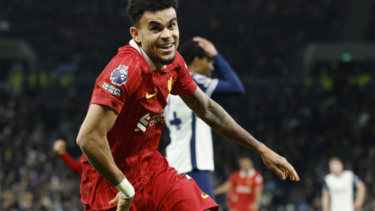 Soccer Football - Premier League - Tottenham Hotspur v Liverpool - Tottenham Hotspur Stadium, London, Britain - December 22, 2024 Liverpool's Luis Diaz celebrates scoring their sixth goal Action Images via Reuters